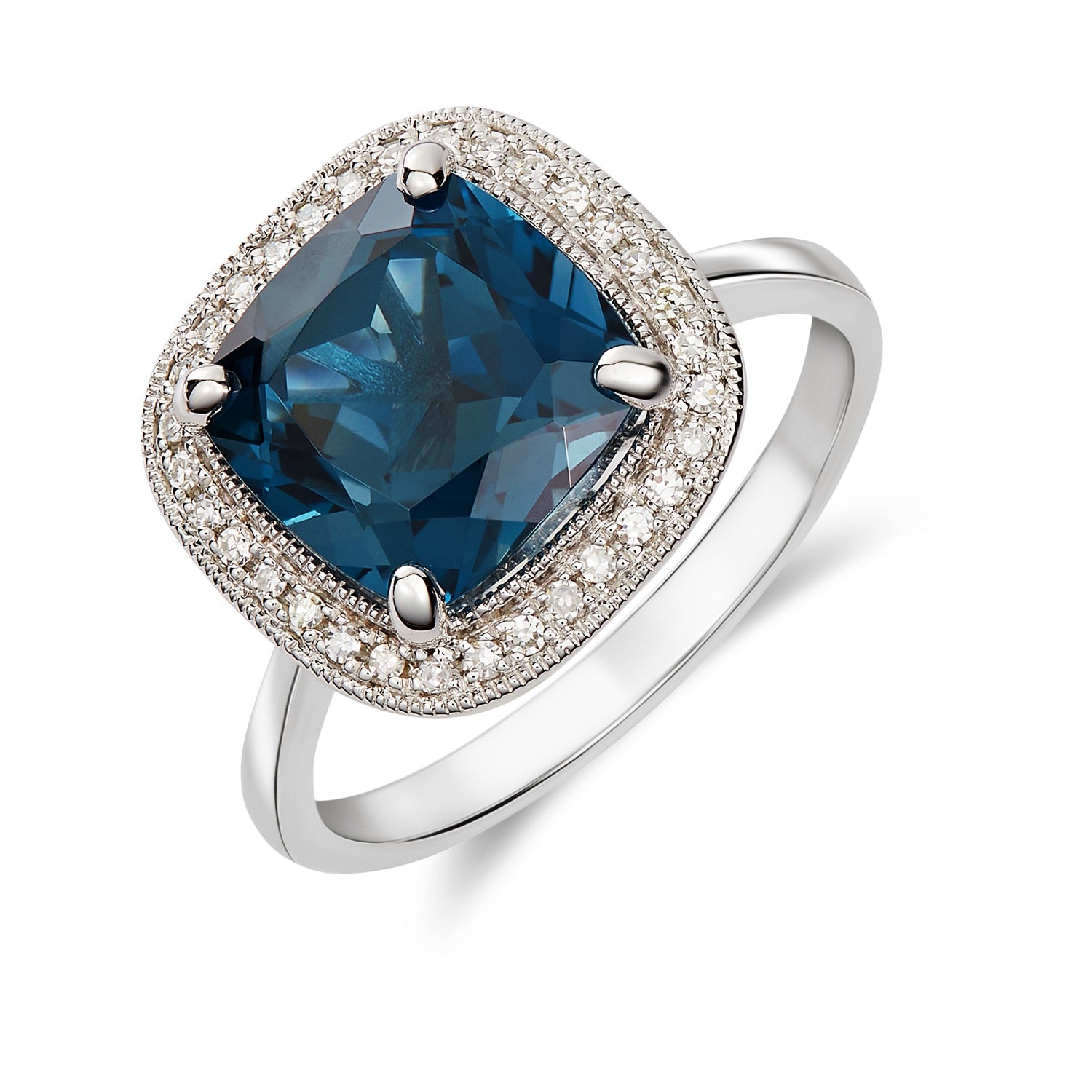 9CT WG 9MM CUSHION LONDON BLUE TOPAZ AND DIAMOND CLUSTER RING WITH MILLEGRAIN EDGE 1