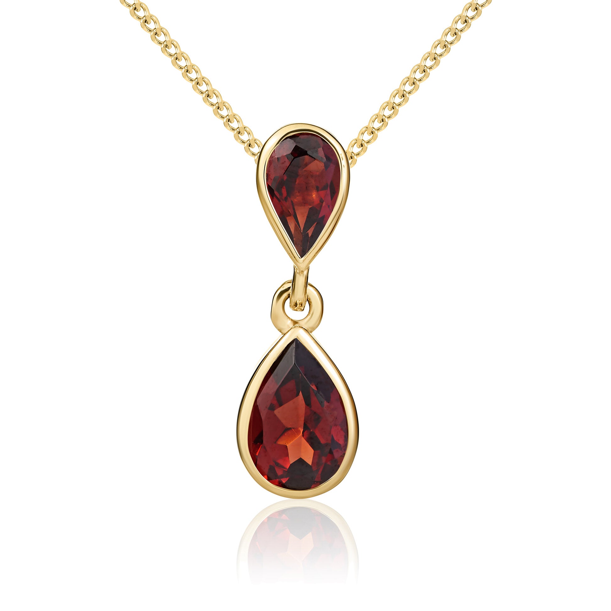 9ct Yellow Gold Pear Shape Garnet Rubover 2 Stone Drop Pendant