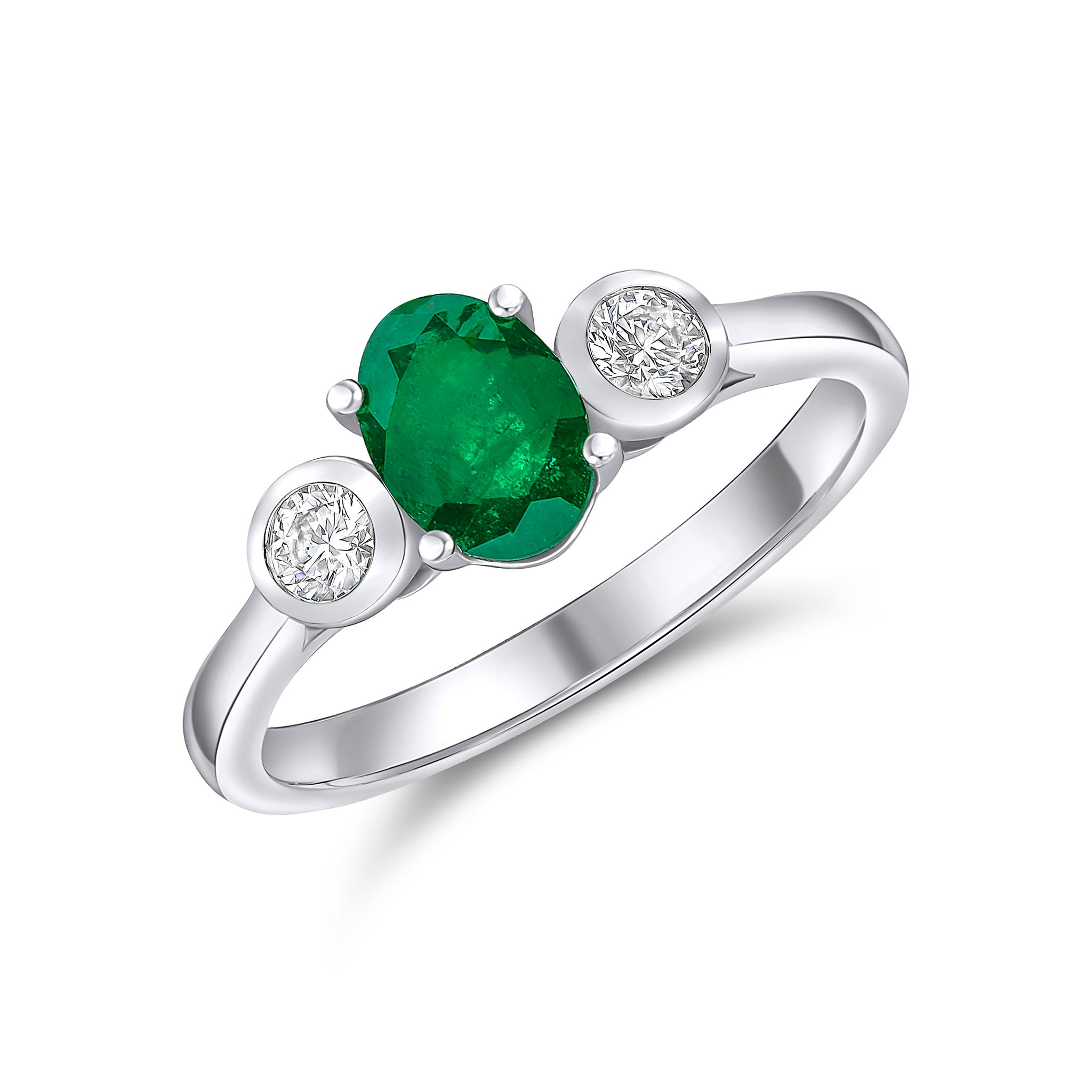18ct White Gold 7x5mm Claw Set Oval Emerald and Rubover Round Diamond 3 Stone Ring