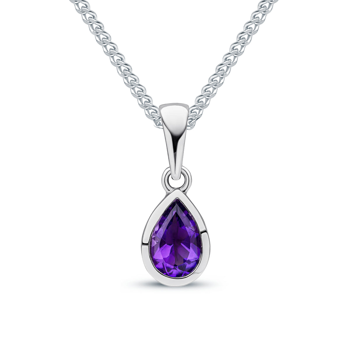 9ct White Gold 6x4mm Pear Shape Amethyst Rubover Single Stone Pendant