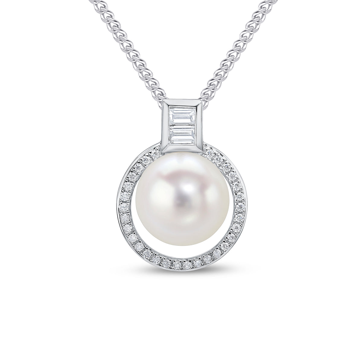 18ct White Gold Cfw Pearl & Diamond Halo Cluster Pendant with Baguette Diamond Loop Top