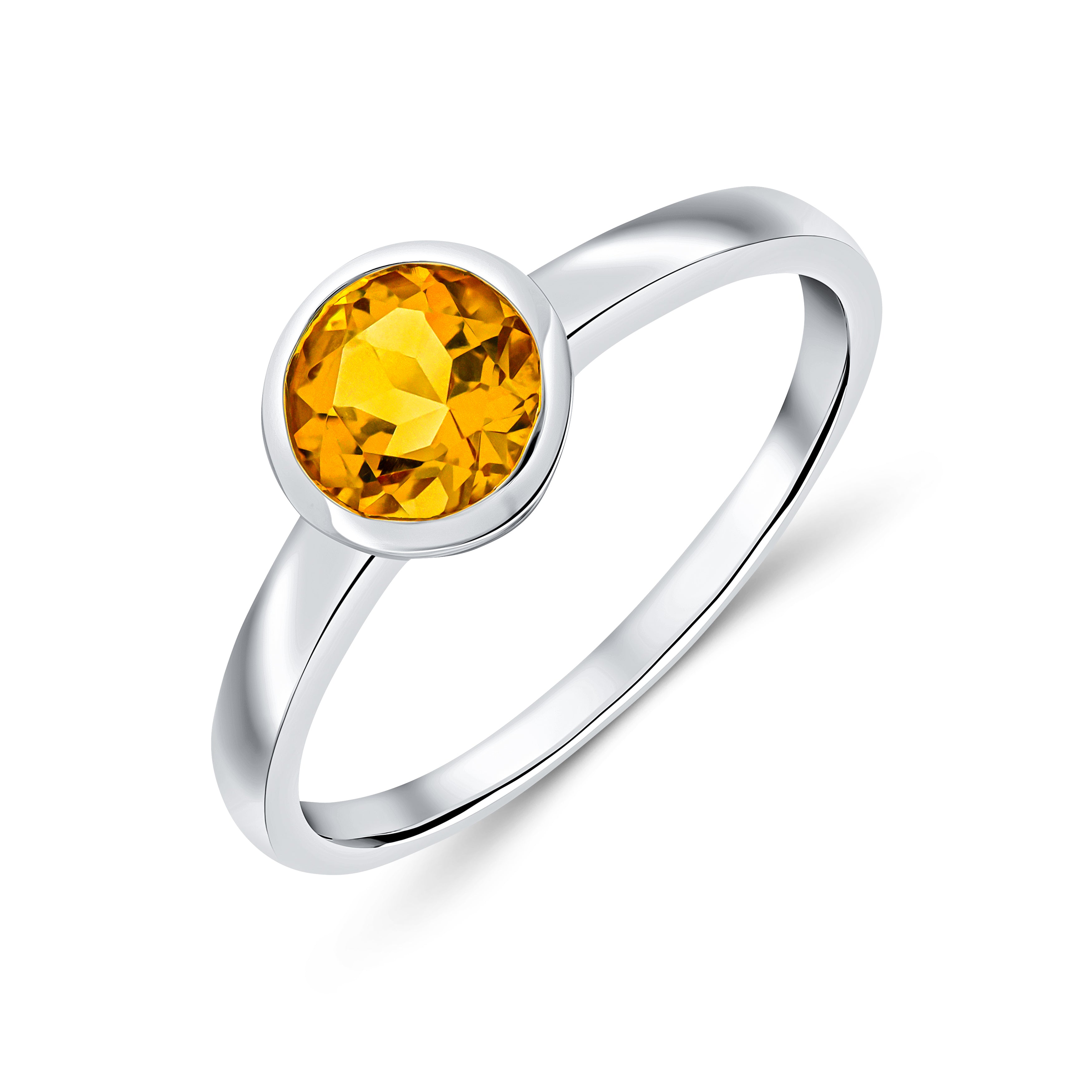 9ct White Gold 6mm Round Citrine Rubover Single Stone Ring