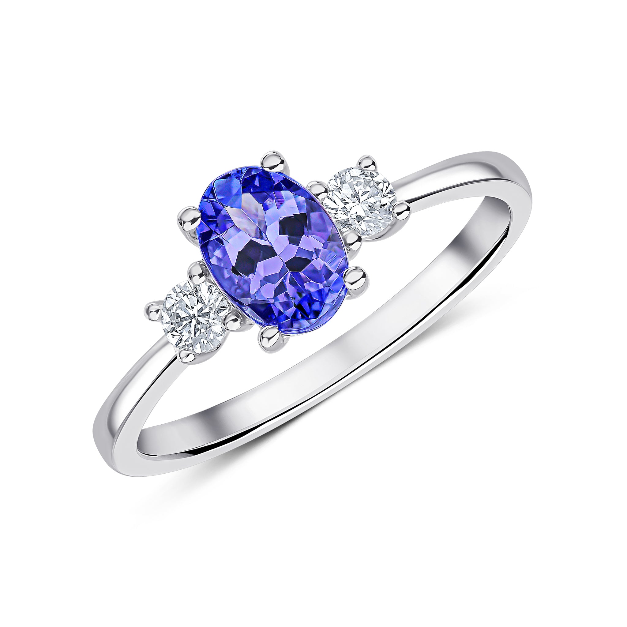 18ct White Gold 7x5 Oval Tanzanite and Round Diamond Claw Set 3 Stone Ring
