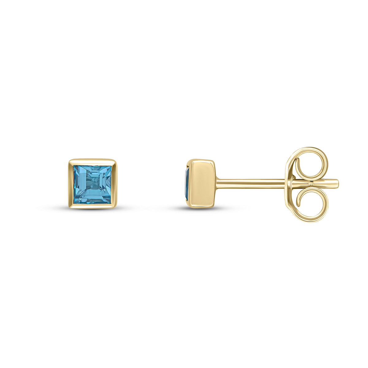 9ct Yellow Gold 3mm Square Swiss Blue Topaz Rubover Set Earrings
