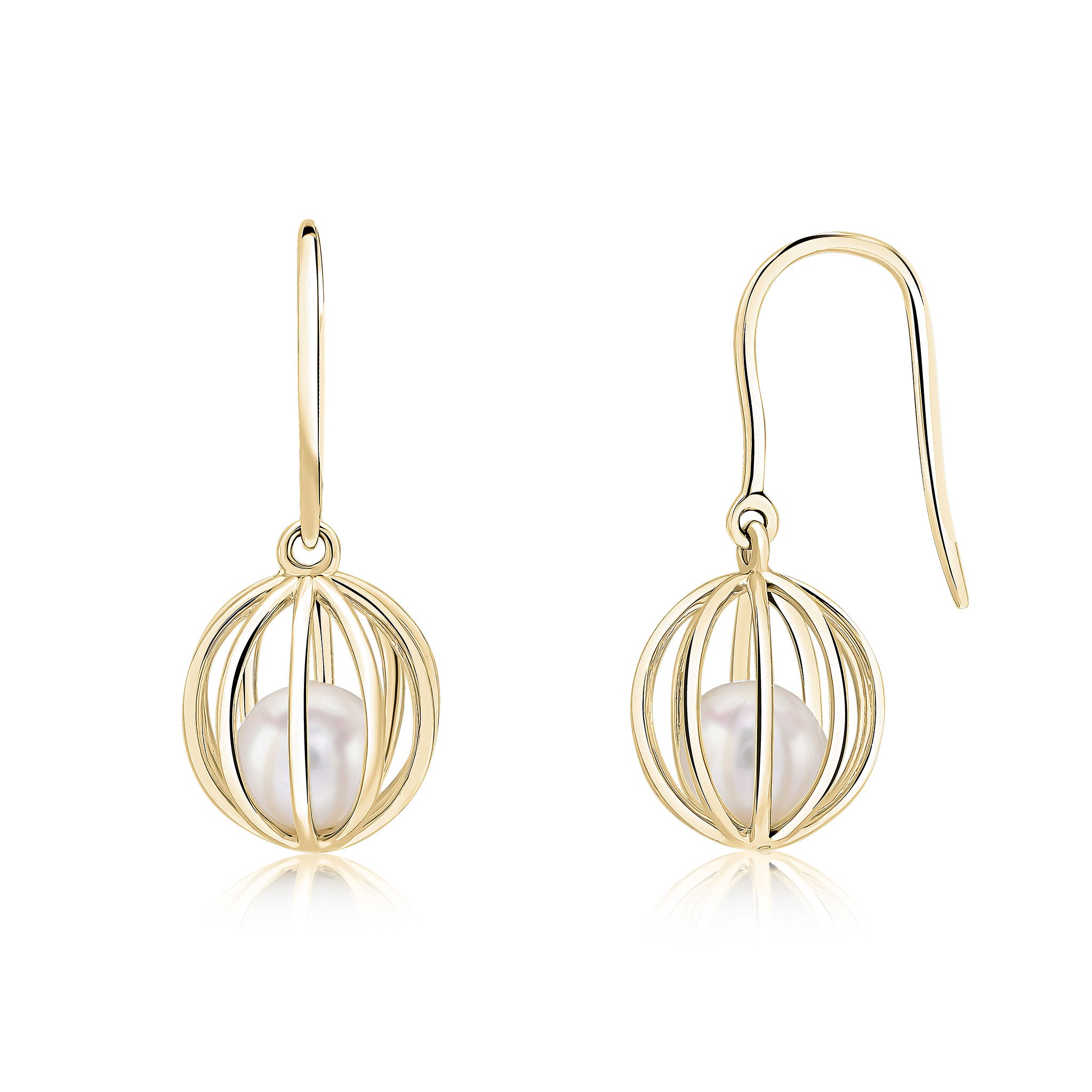 9ct yellow gold pearl In Round Cage Drop Earrings With Hook Wire Fittings