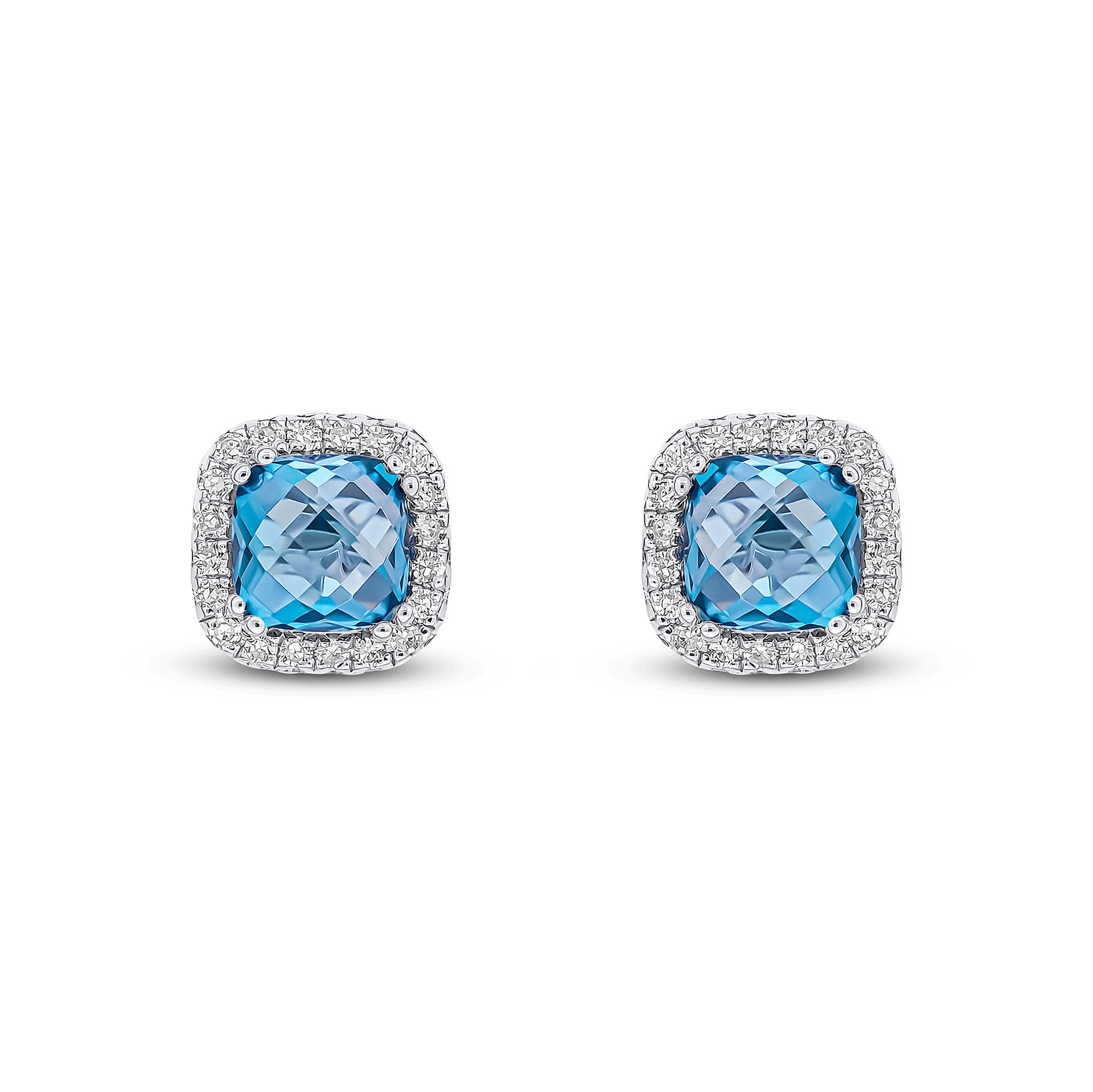 9ct White Gold 5mm Checkerboard Cut Cushion London Blue Topaz & Diamond Cluster Earrings