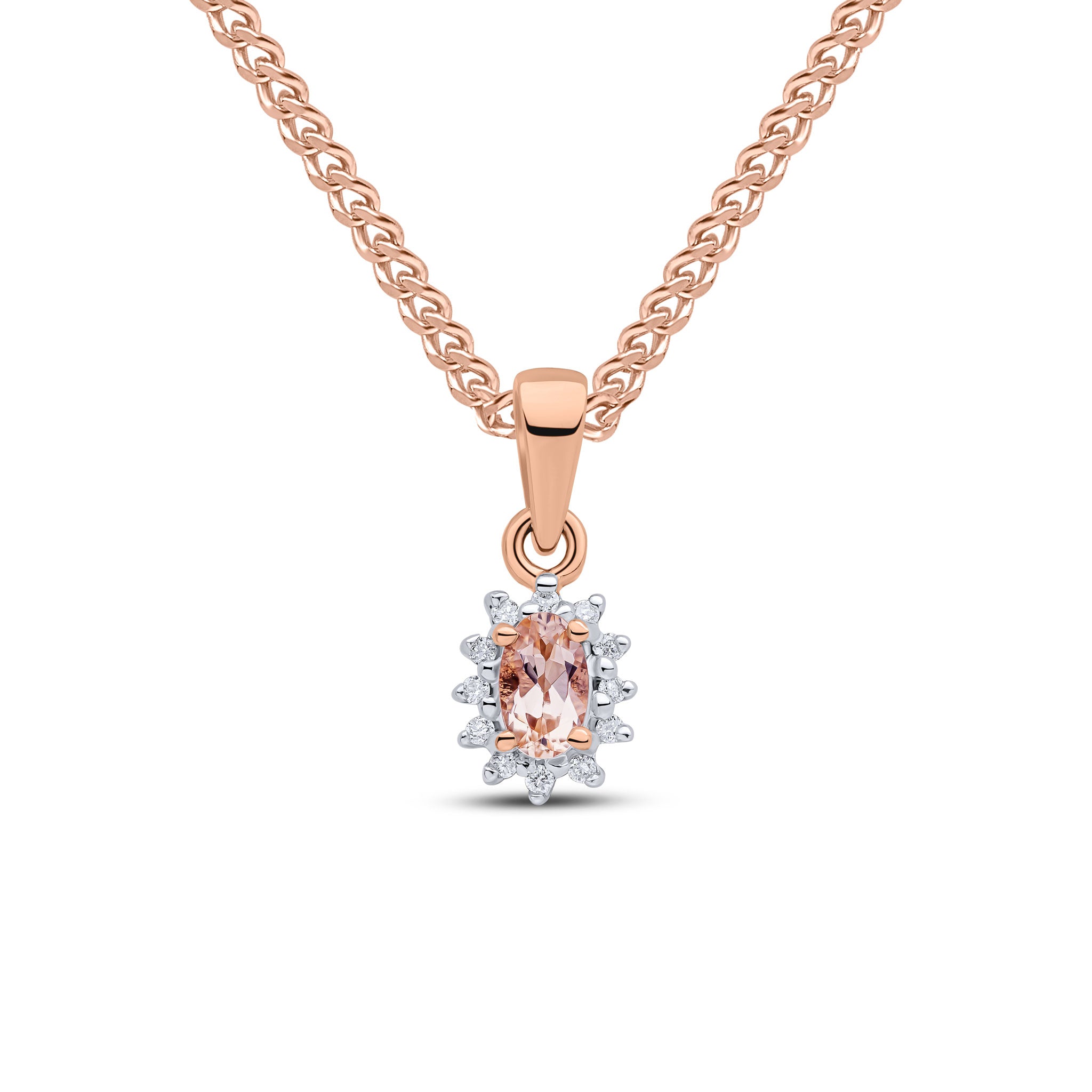 9ct rose gold oval morganite and Diamond Cluster Pendant