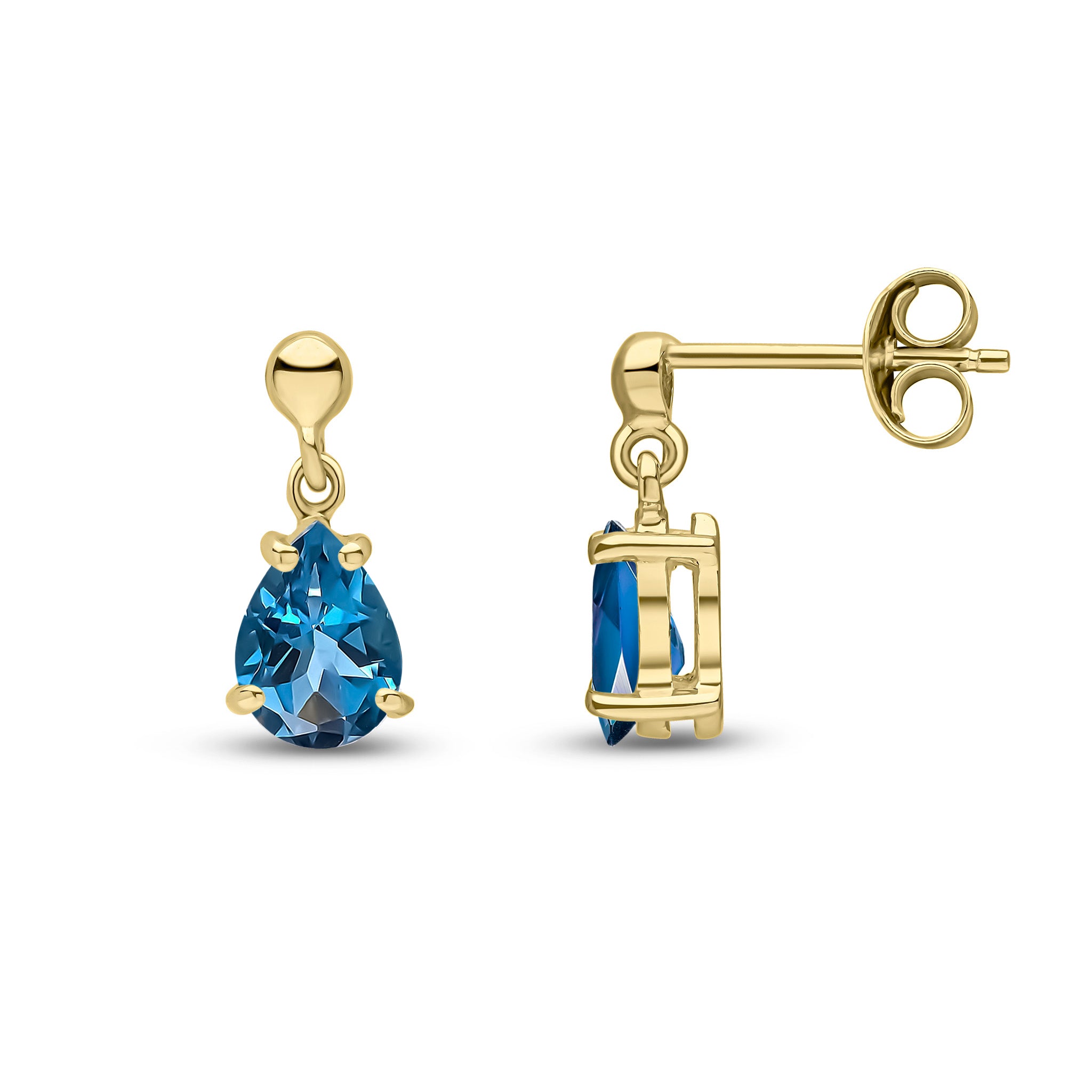 9ct Yellow Gold 7x5 Pear Shape London Blue Topaz Claw Set Drop Earrings with Bead Top