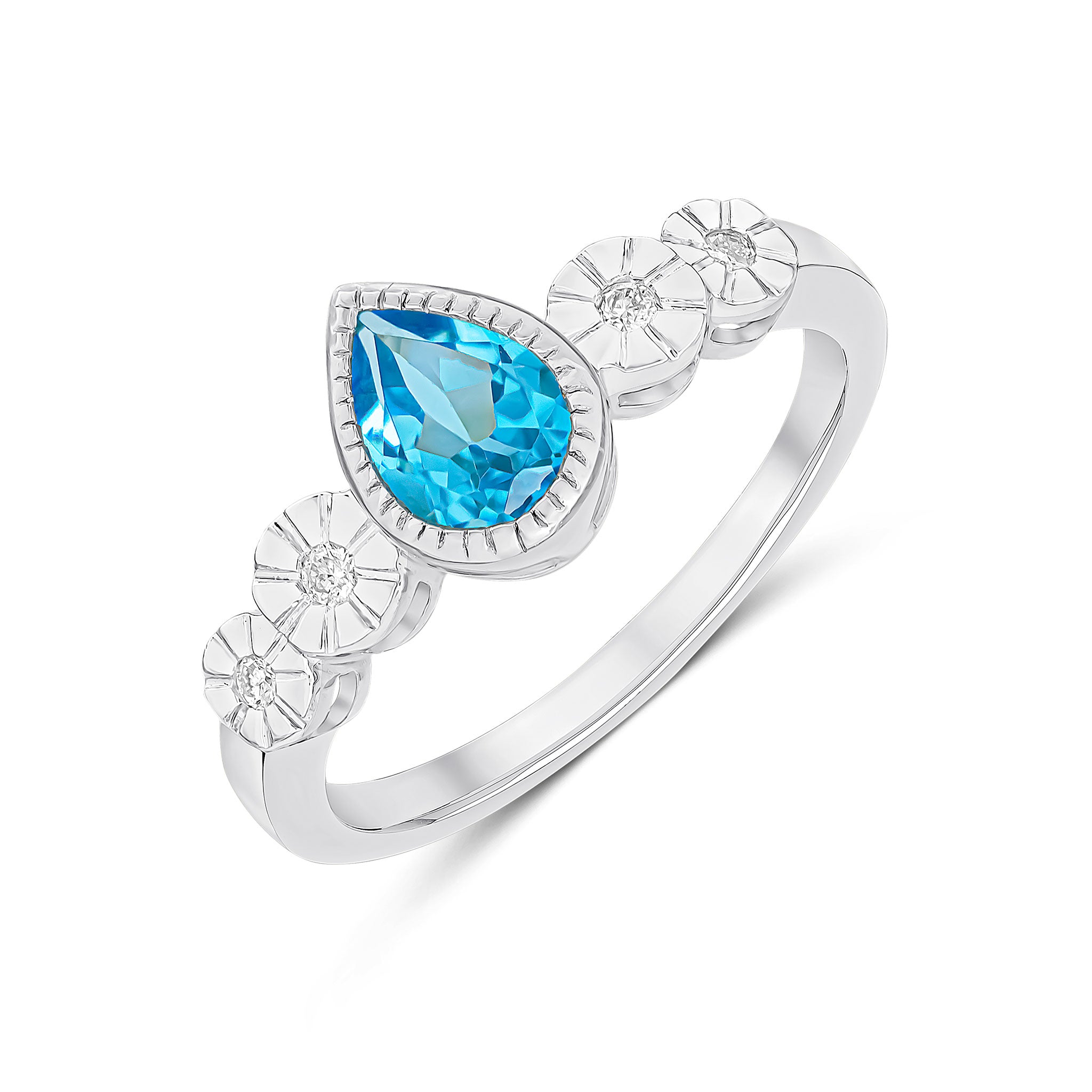 9CT WHITE GOLD MILLEGRAIN PEARSHAPE SWISS BLUE TOPAZ AND ILLUSION DIAMOND 4ST SHOULDERS RING 1