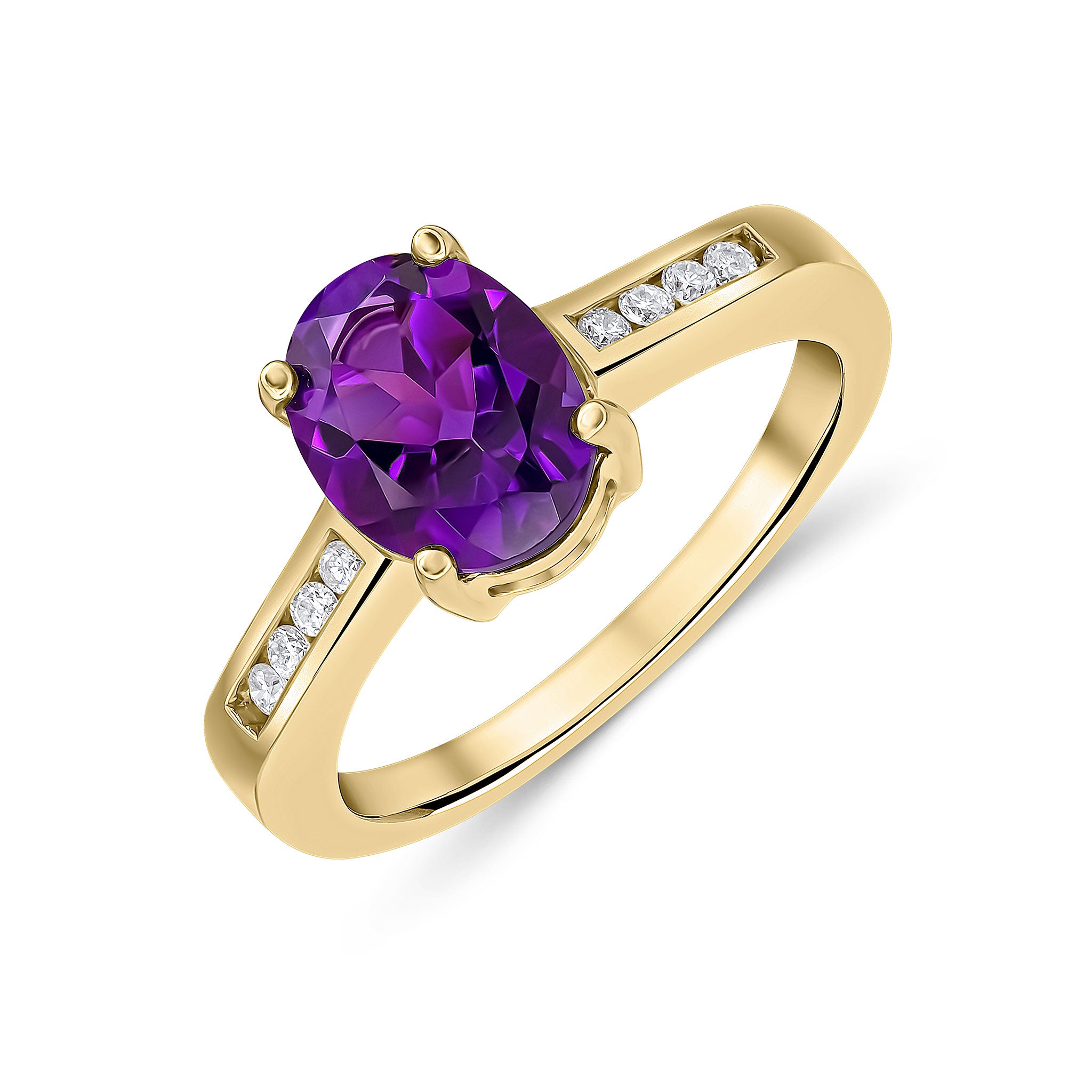 9ct Yellow Gold 9x7mm Claw Set Oval Amethyst Single Stone Ring with Channel Set Diamond Shoulders