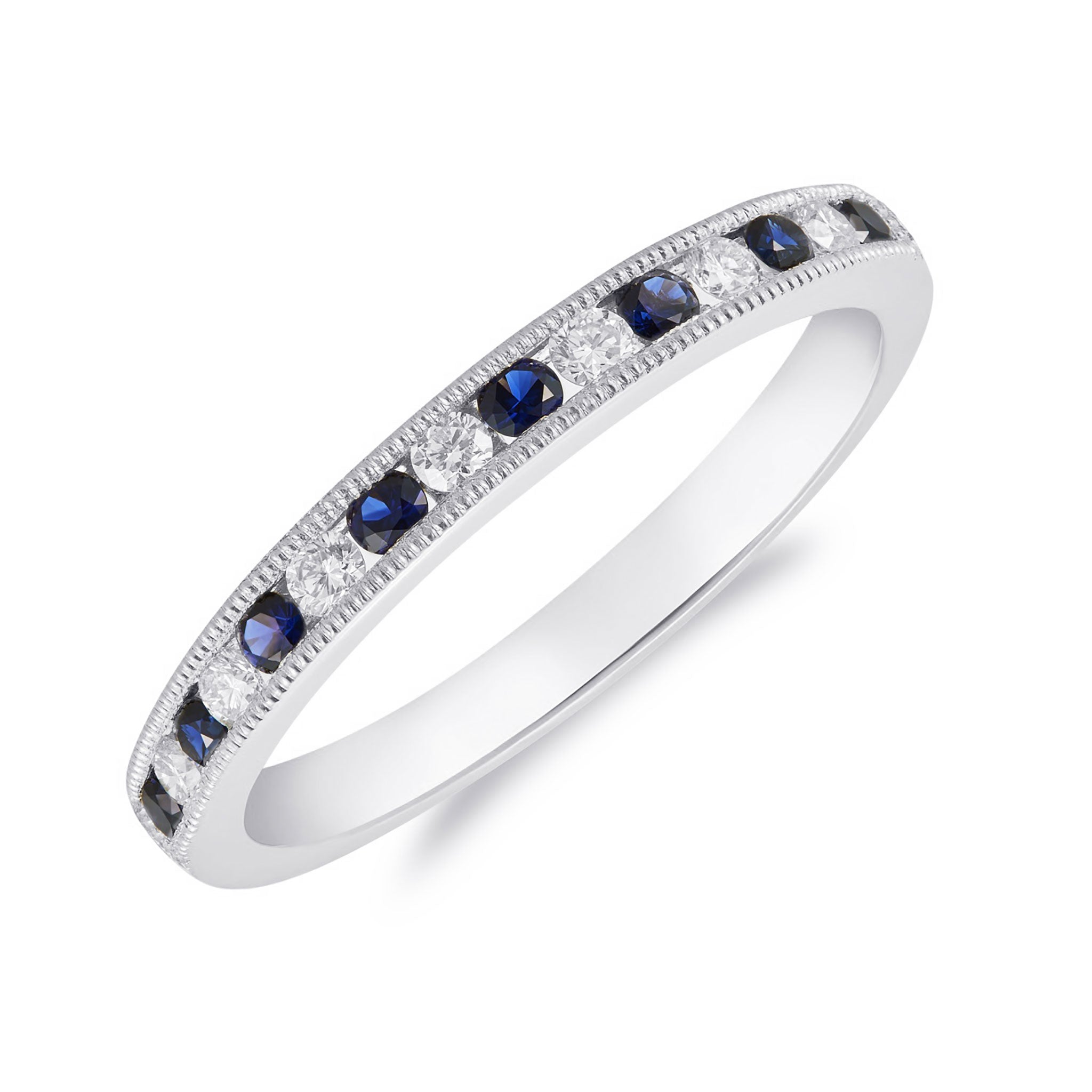 18ct White Gold Round Sapphire & Diamond Milgrain 15 Stone 1 2 Eternity Ring