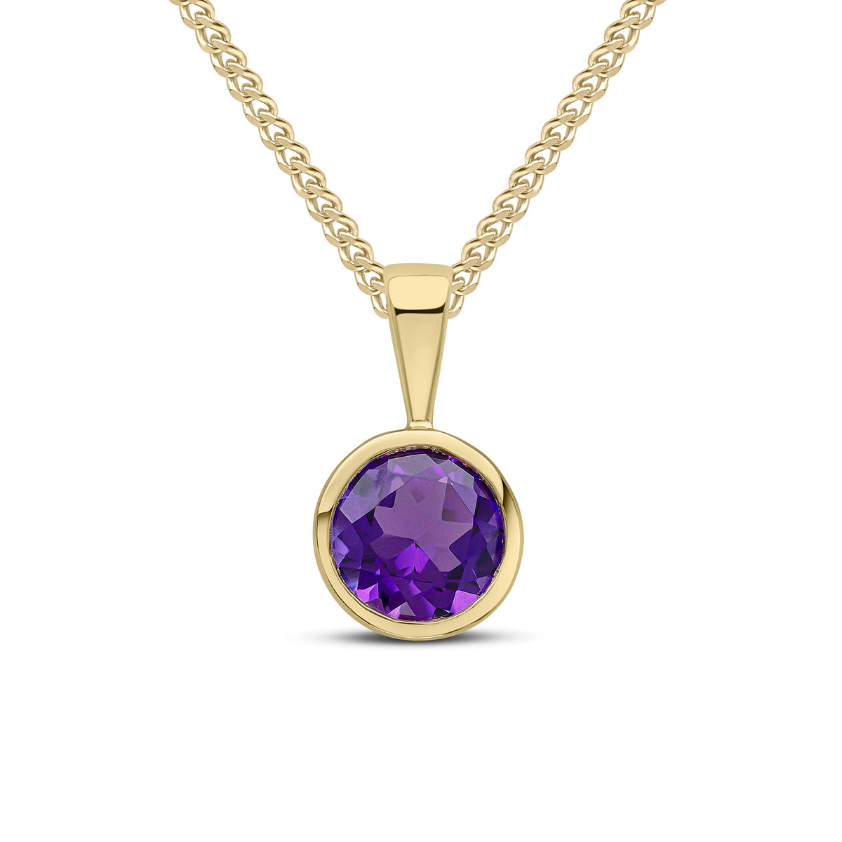 9ct Yellow Gold 6mm Round Amethyst Rubover Pendant