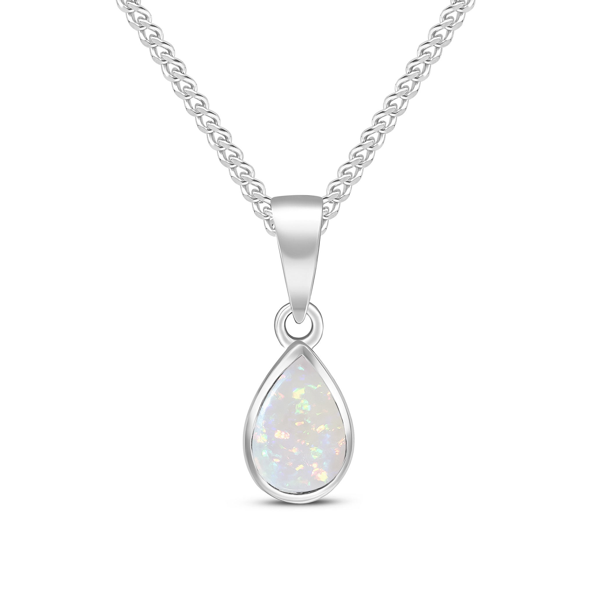 9ct White Gold 7x5 Pear Shape Opal Rubover Pendant