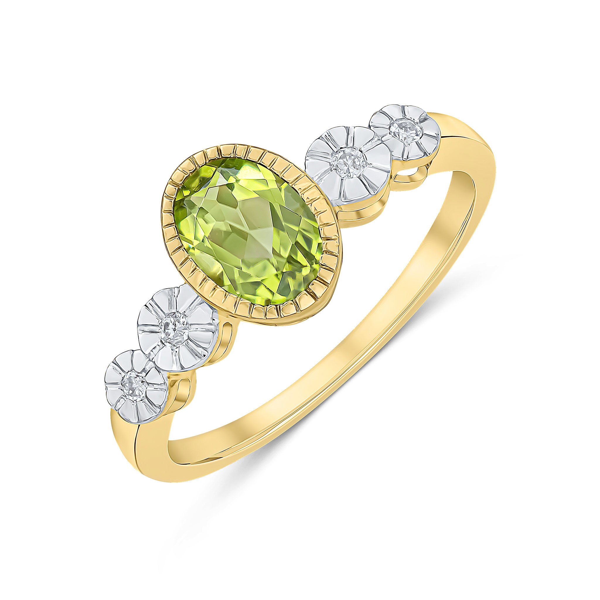 9ct Yellow Gold Milgrain Oval Peridot and Illusion Diamond 4 Stone Shoulders Ring
