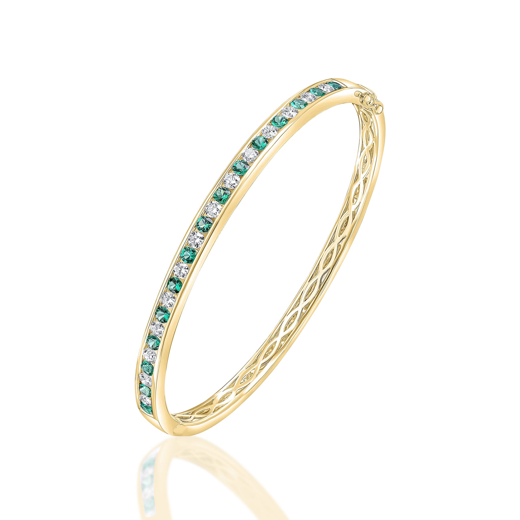 18ct Yellow Gold Round Emerald & Round Diamond Channel Set Hinged Bangle