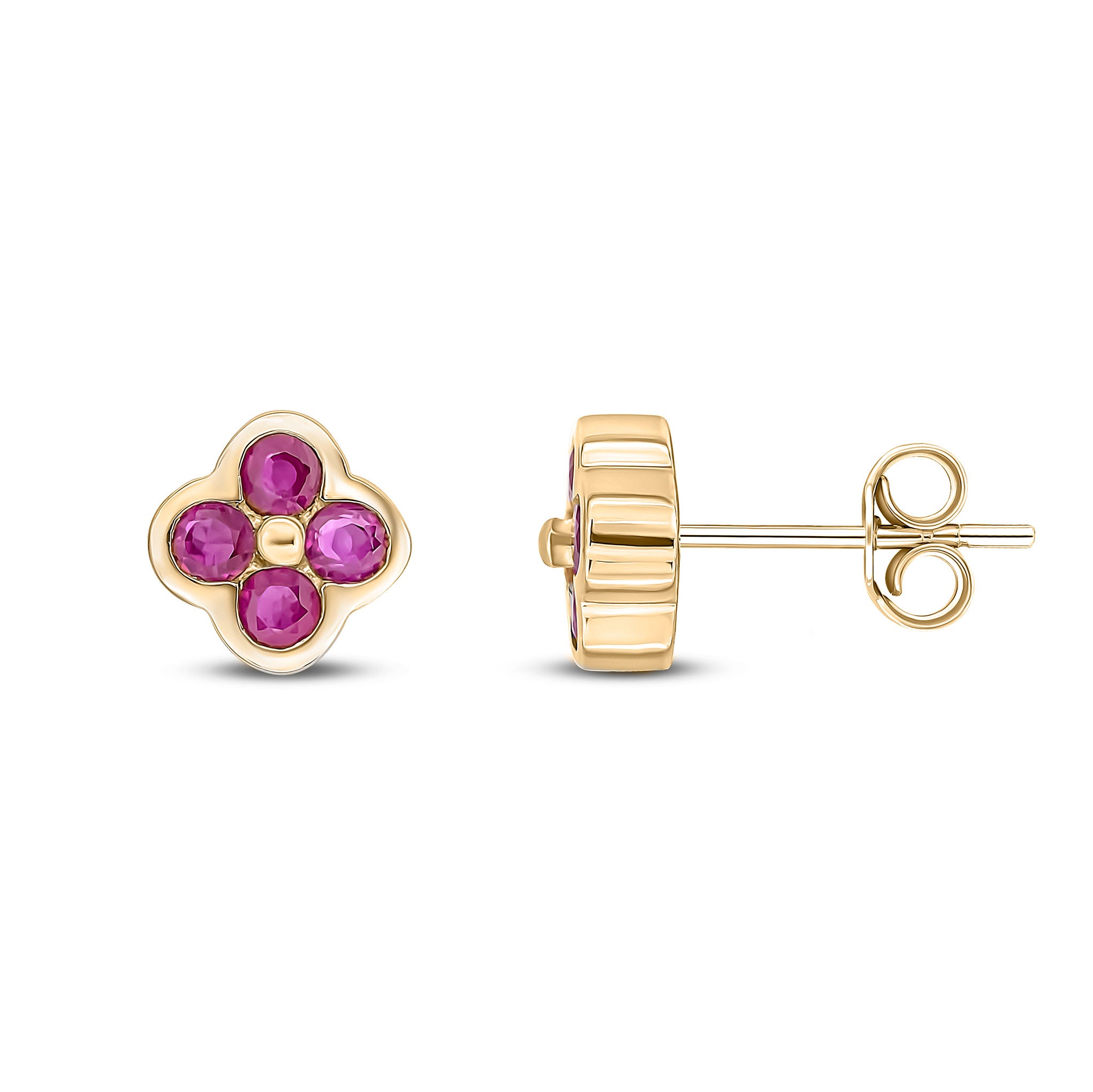 9ct Yellow Gold Round Ruby 4 Stone Rubover Earrings