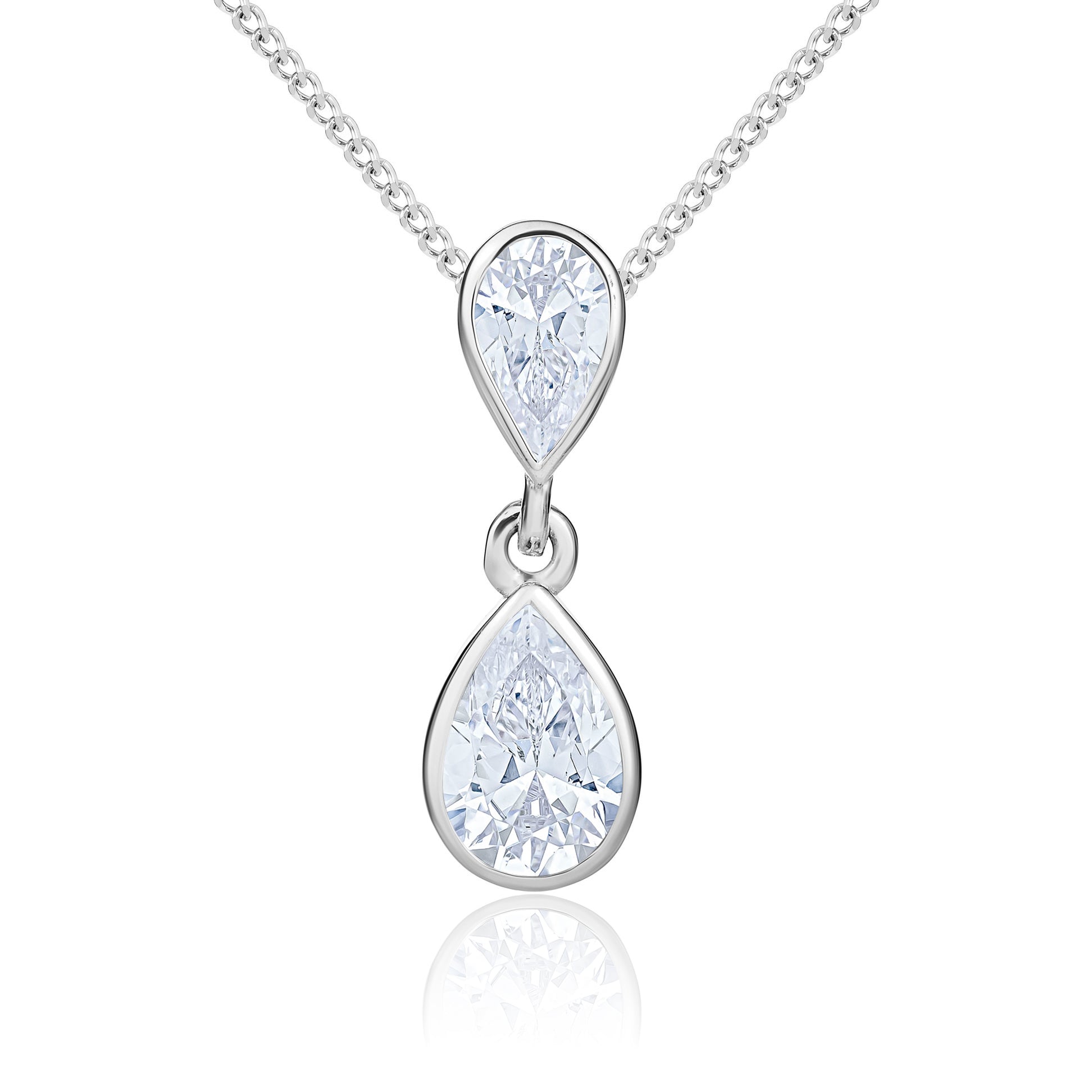 9ct White Gold Pear Shape CZ Rubover 2 Stone Drop Pendant