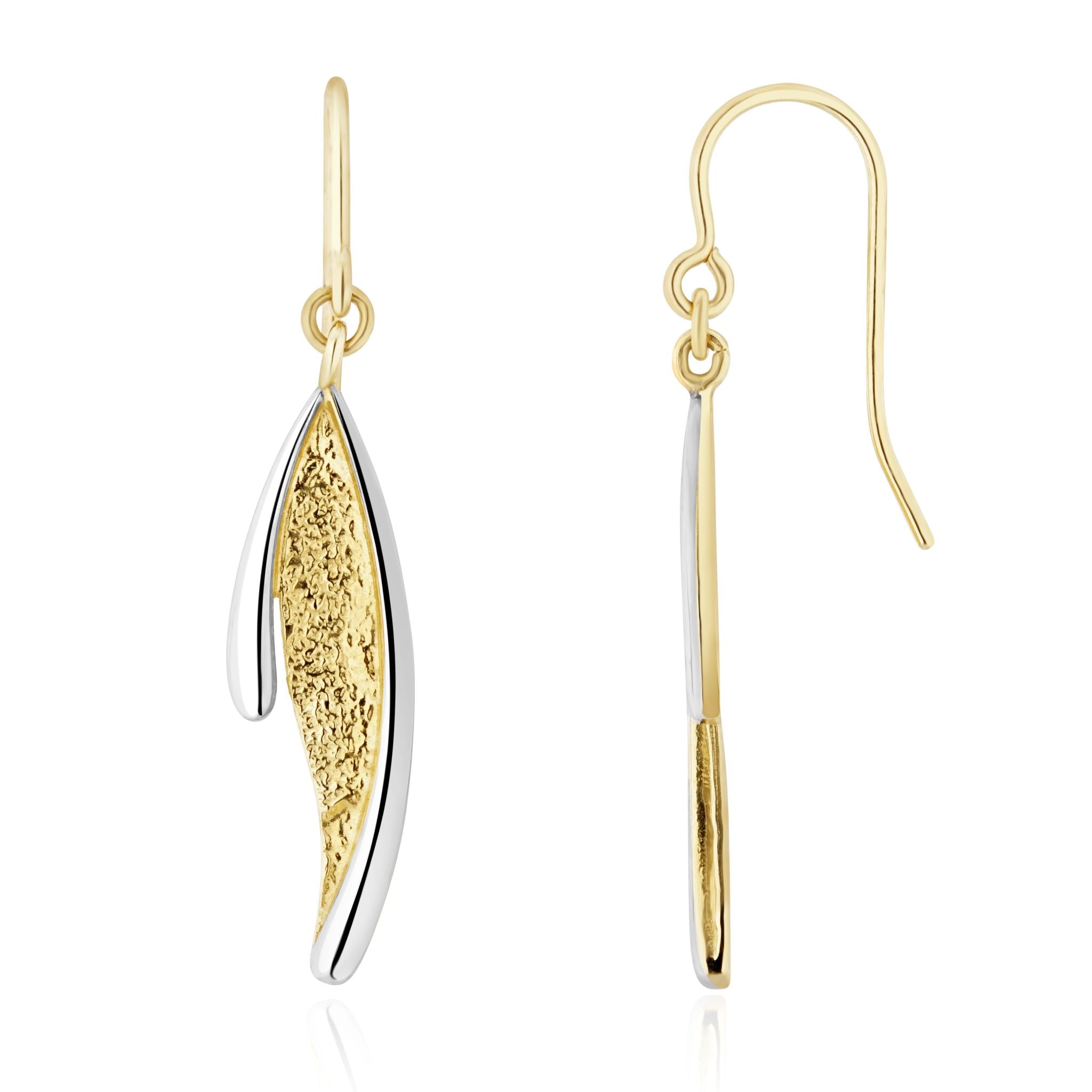 9ct yellow and white gold Textured Finish 'Leaf' Drop Earrings With Hook Wire Fitting