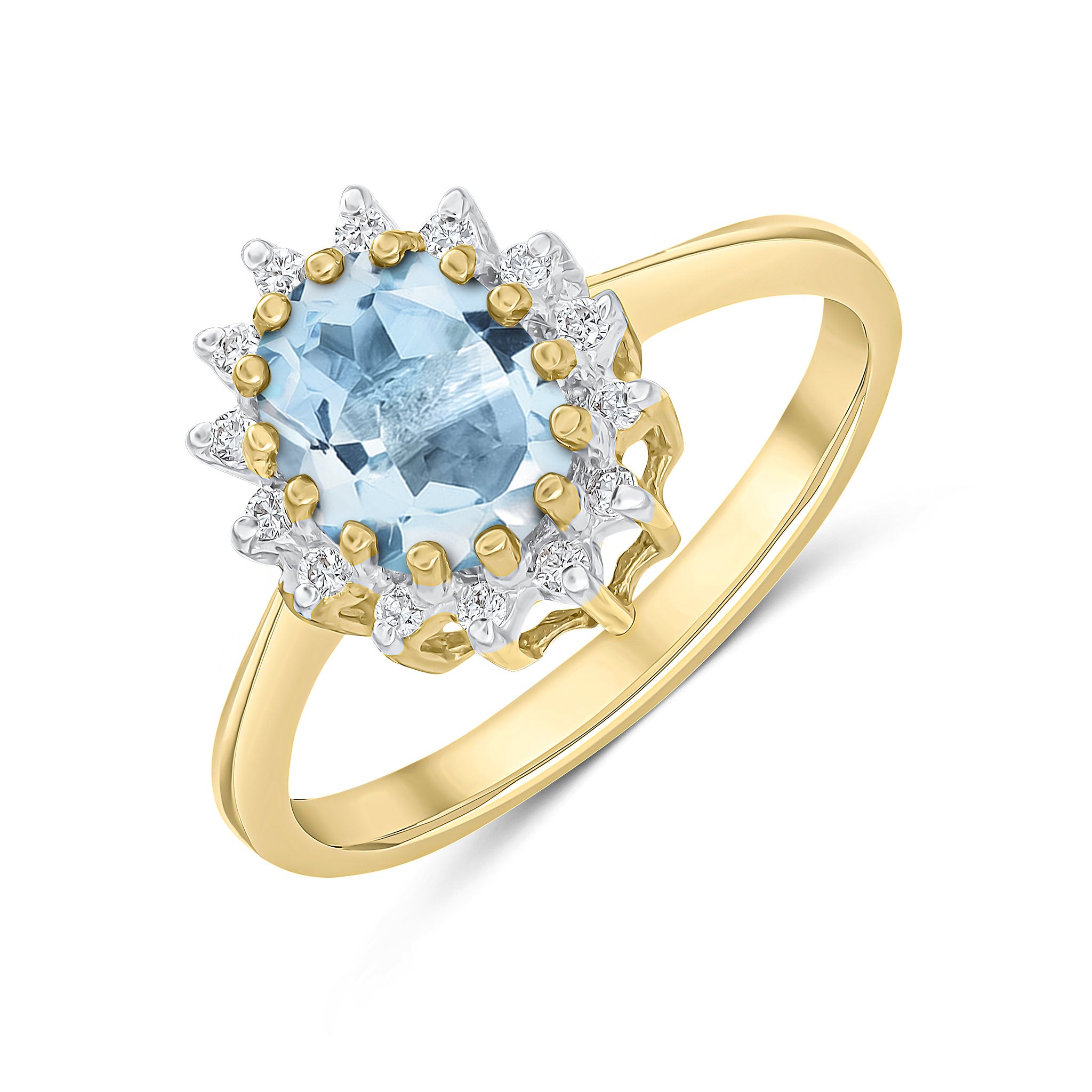 9ct Yellow Gold 8x6 Oval Aquamarine & Diamond Claw Set Cluster Ring Rhodium to Diamonds
