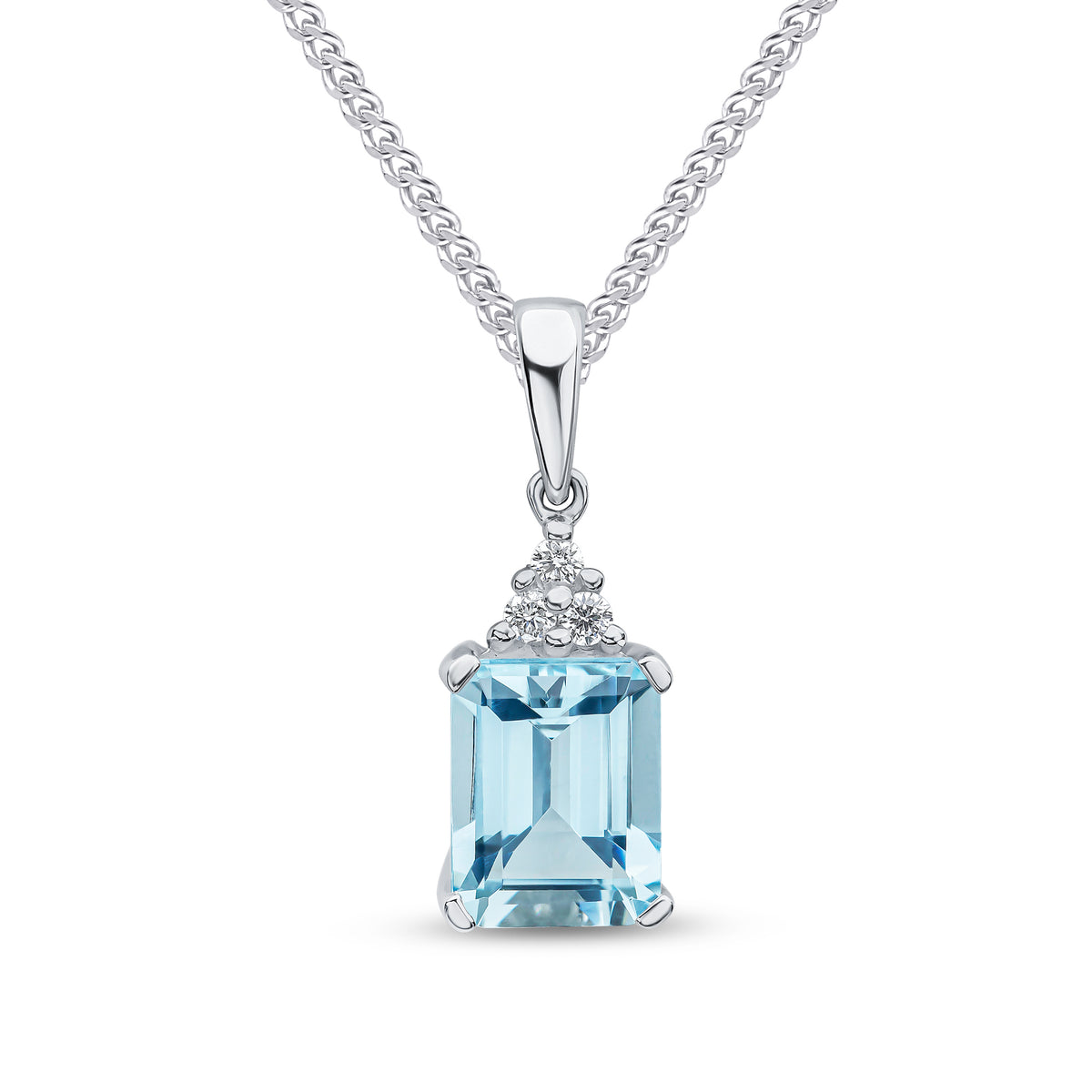 18ct White Gold 9x7 Octagon Aquamarine and Round Diamond Trefoil Top Claw Set Pendant with Plain Loop Top