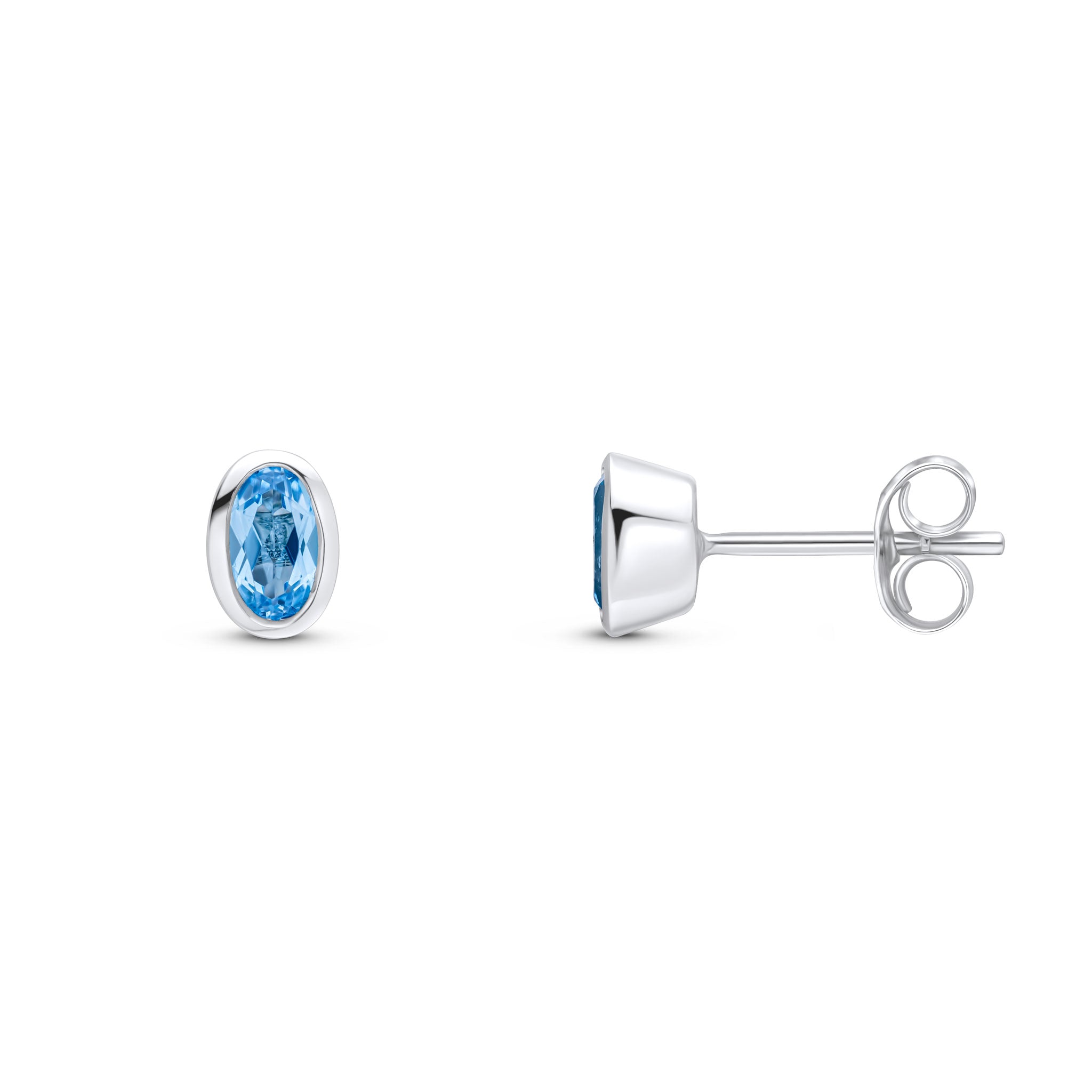 9ct white gold 5 x 3mm oval Swiss Blue Topaz rubover Earrings