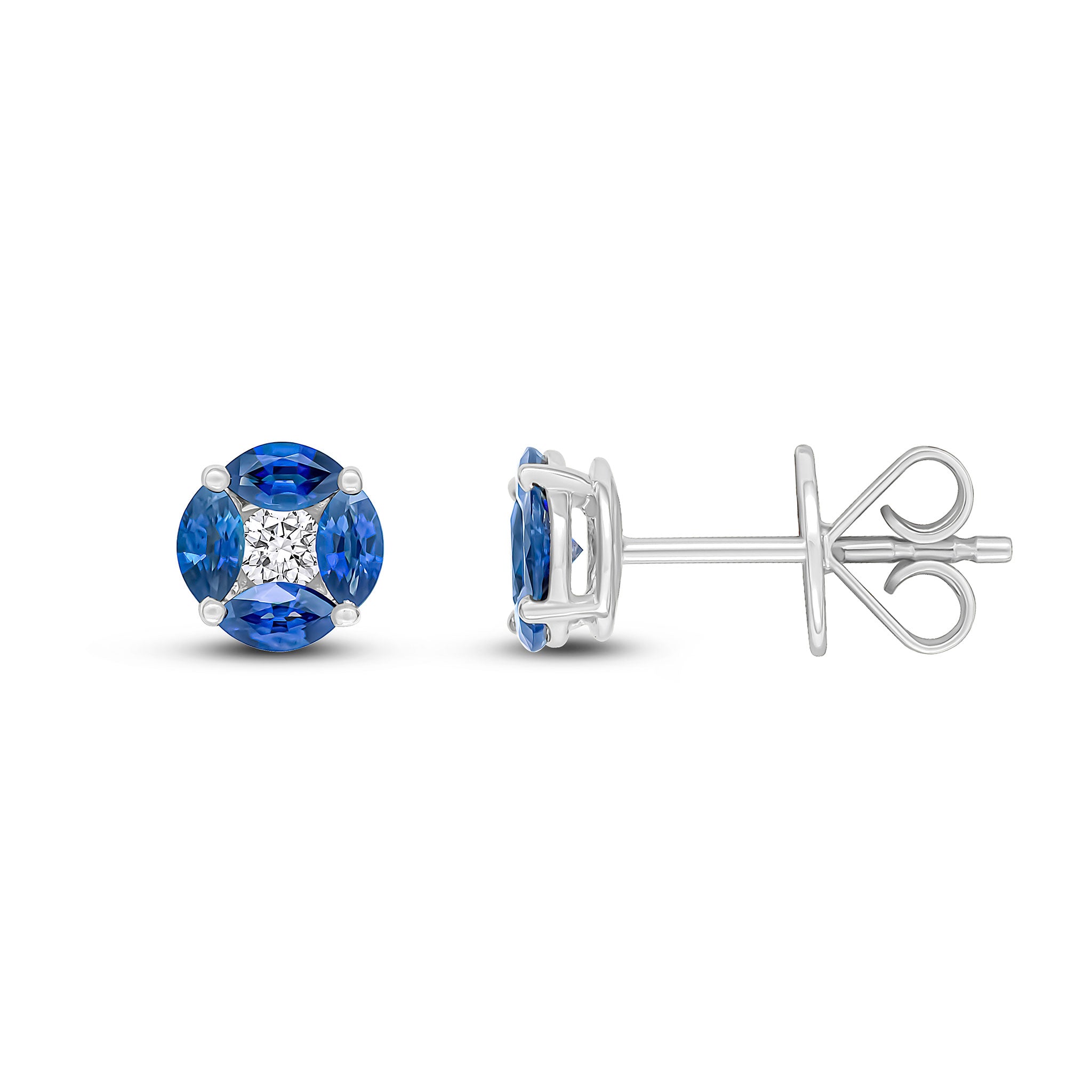 18ct White Gold Marquise Sapphire and Round Diamond Cluster Earrings