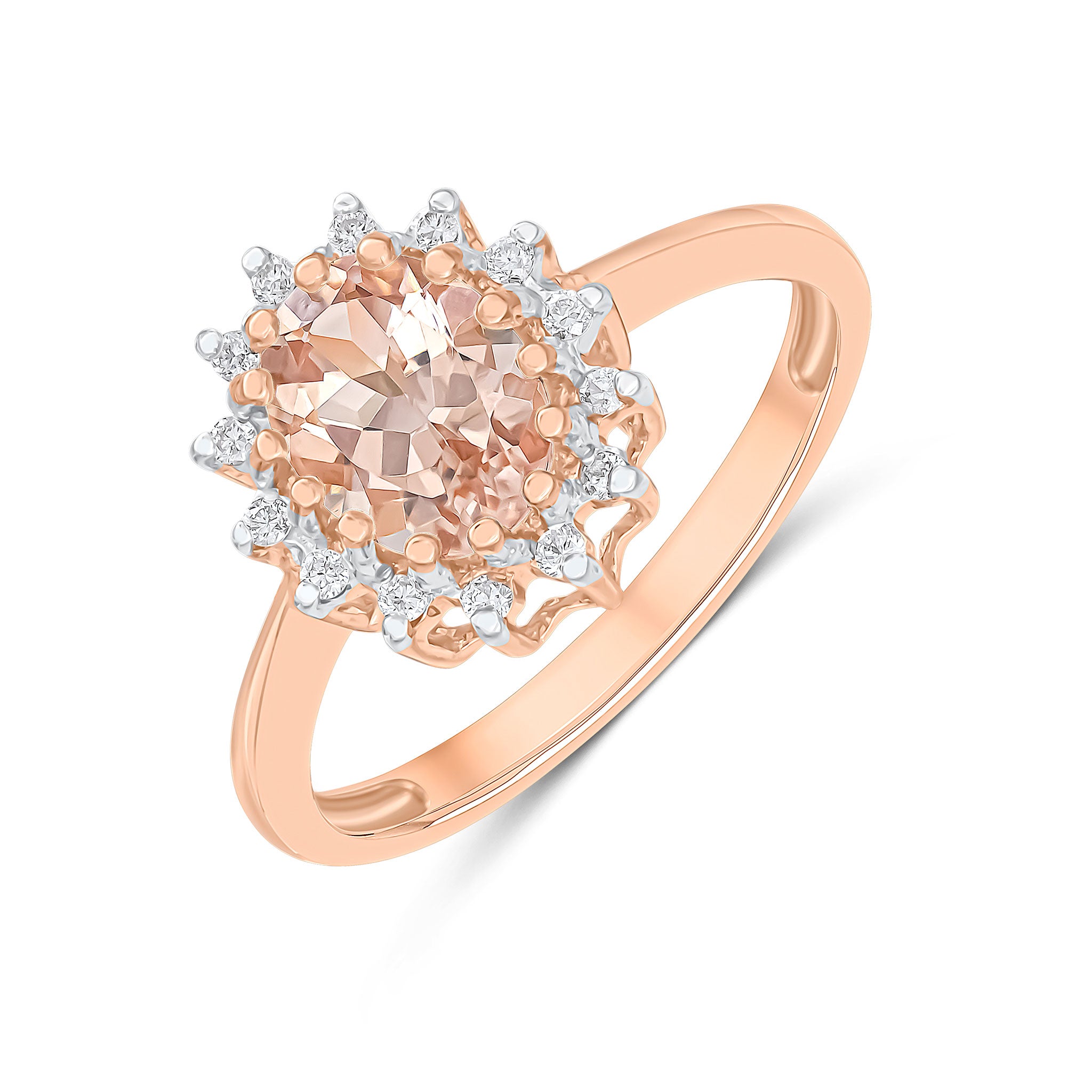 9CT RG 8X6 OVAL MORGANITE & DIAMOND CLAW SET CLUSTER RING. RHODIUM TO DIAMONDS 1