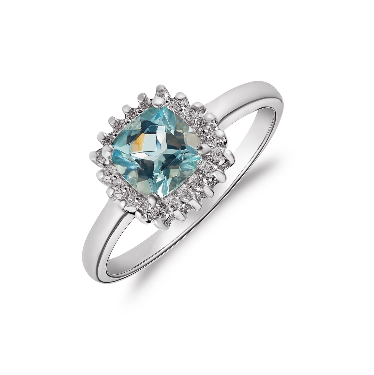 9ct White Gold 6mm Cushion Aquamarine & Diamond Claw Set Cluster Ring