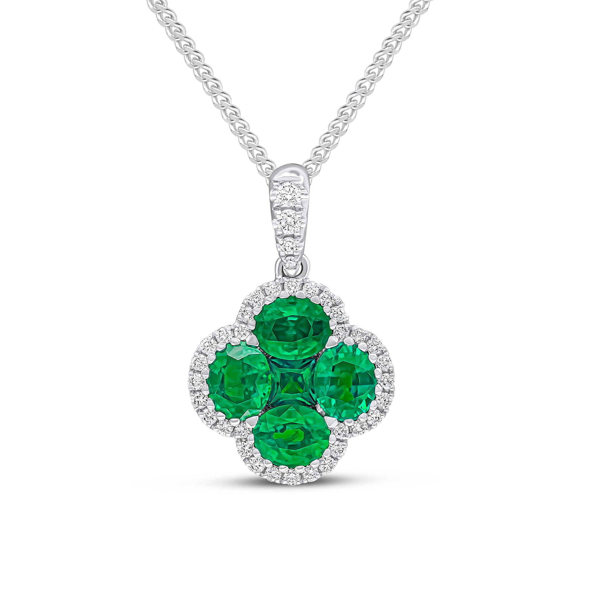 18ct White Gold Oval and Square Emerald and Round Diamond Quatrefoil Pendant with Diamond Set Loop