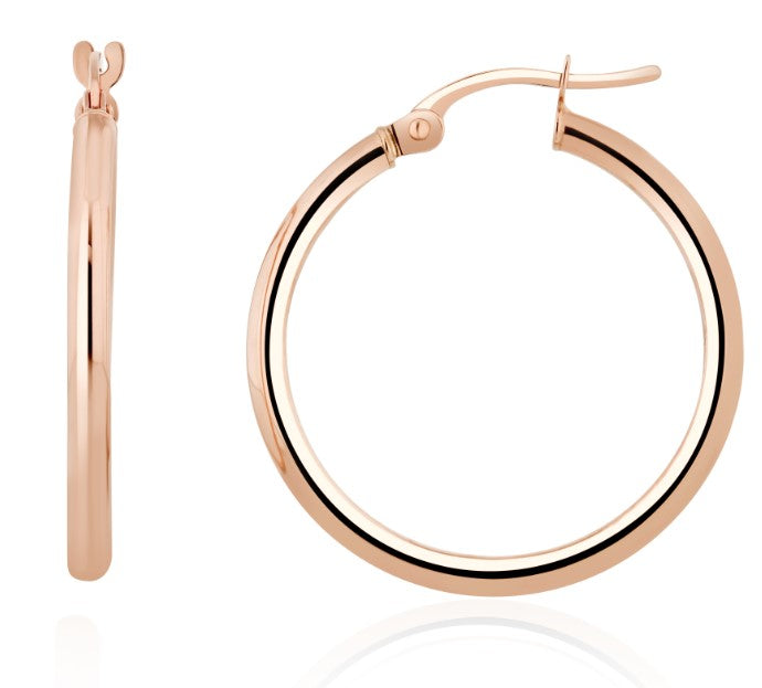 9ct rose gold 2mm Polished Tube Hoop Earrings. 24mm Outer Diameter