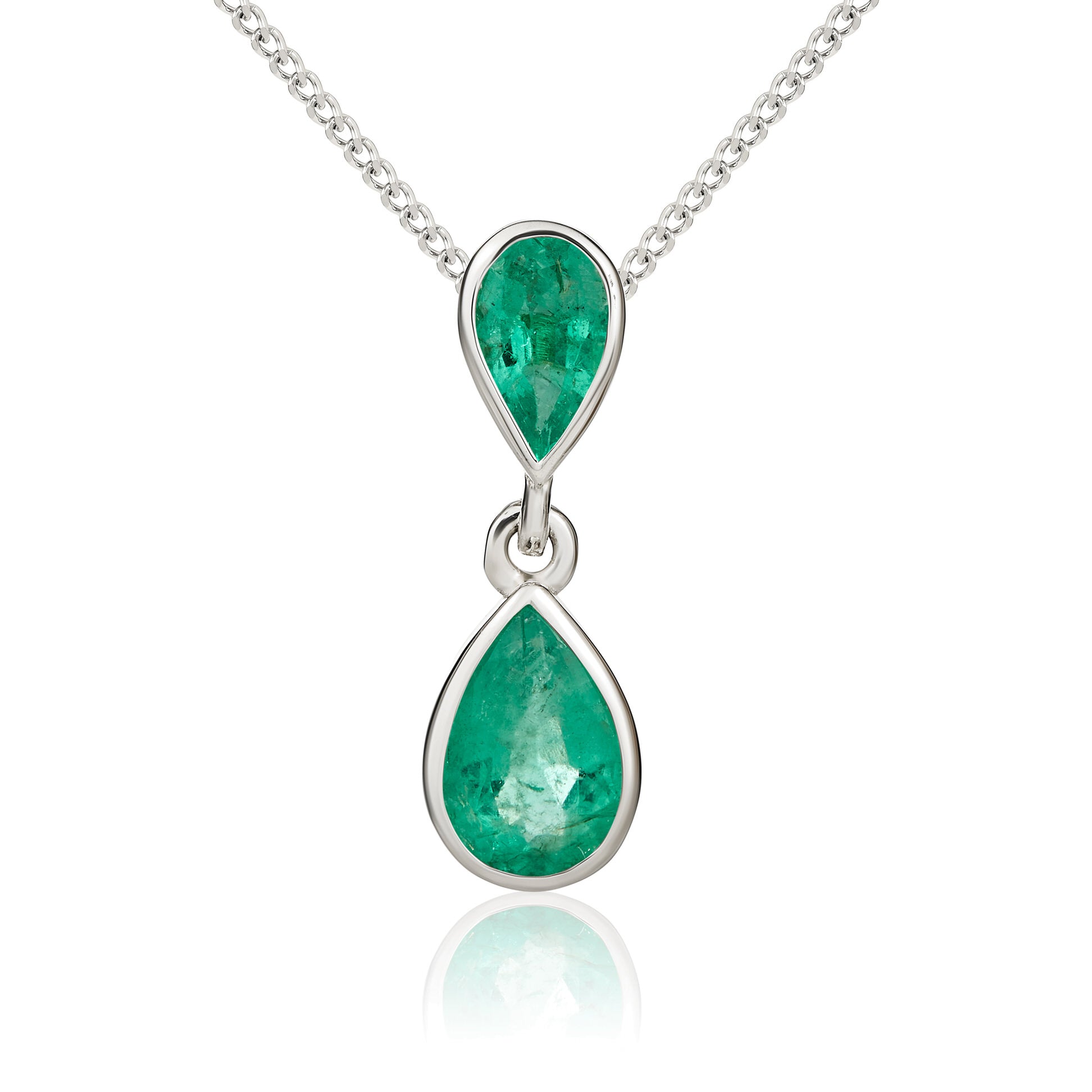 9CT White Gold Pear Emerald Rubover Double Drop Pendant