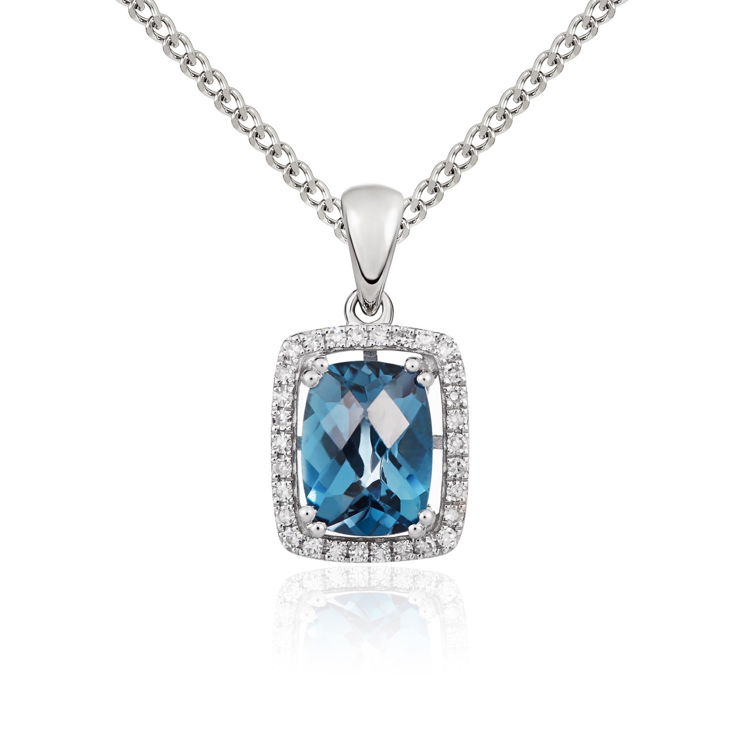 9ct White Gold Octagonal Cushion London Blue Topaz & Diamond Cluster Pendant