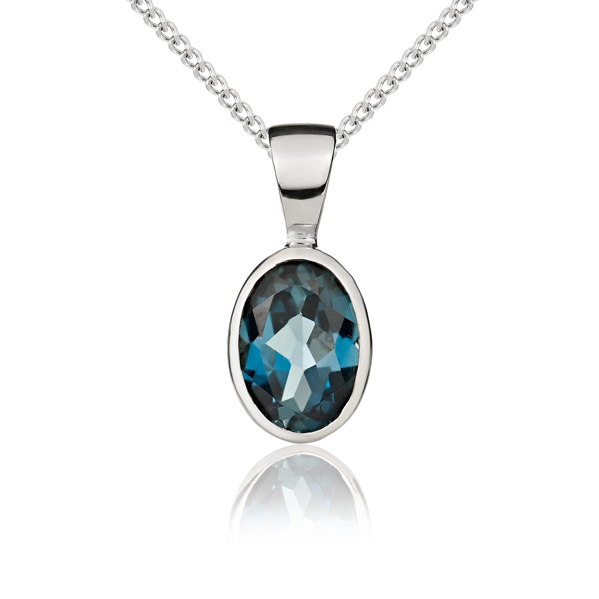 9ct white gold 7mm x 5mm Oval London Blue Topaz Rubover Pendant