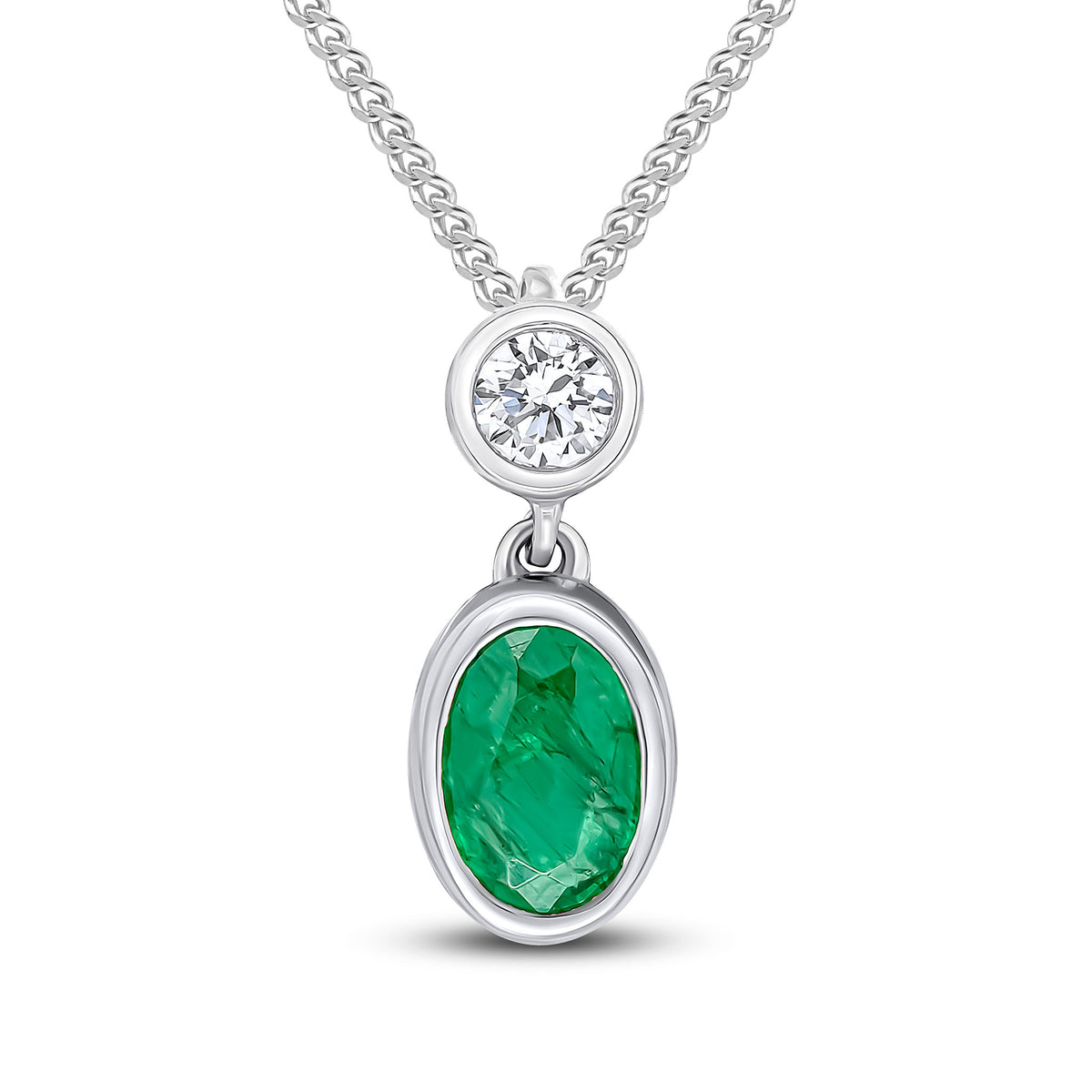 18ct White Gold Oval Emerald & Round Diamond 2 Stone Rubover Slider Pendant