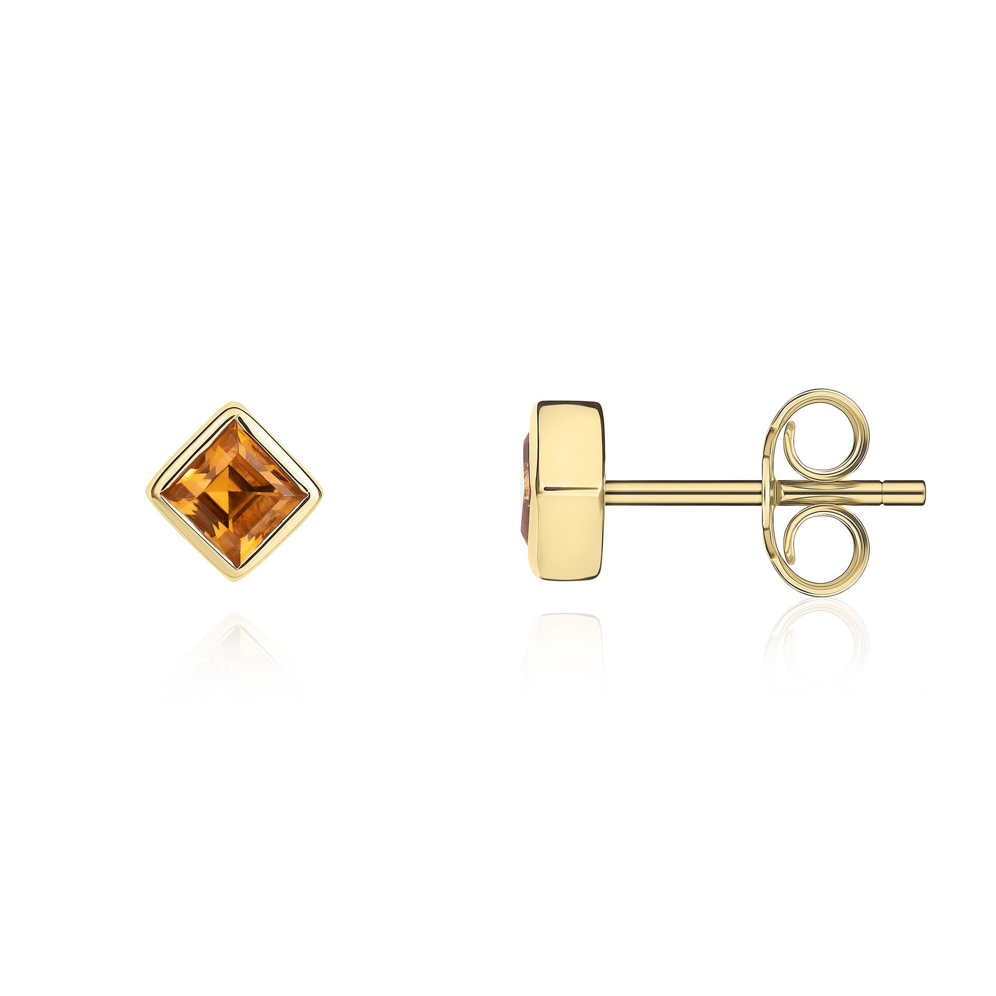 9ct Yellow Gold 3mm Square Citrine Rubover Set Earrings
