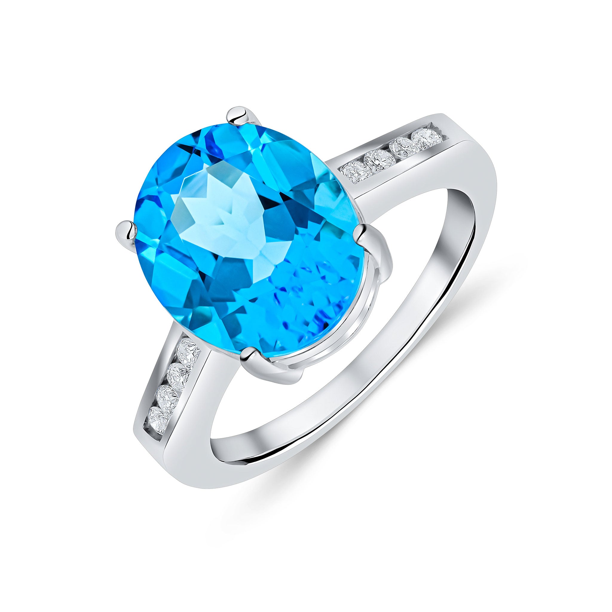9CT WG 12X10MM CLAW SET OVAL SWISS BLUE TOPAZ SINGLE STONE RING WITH CHANNEL SET DIAMOND SHOULDERS 1