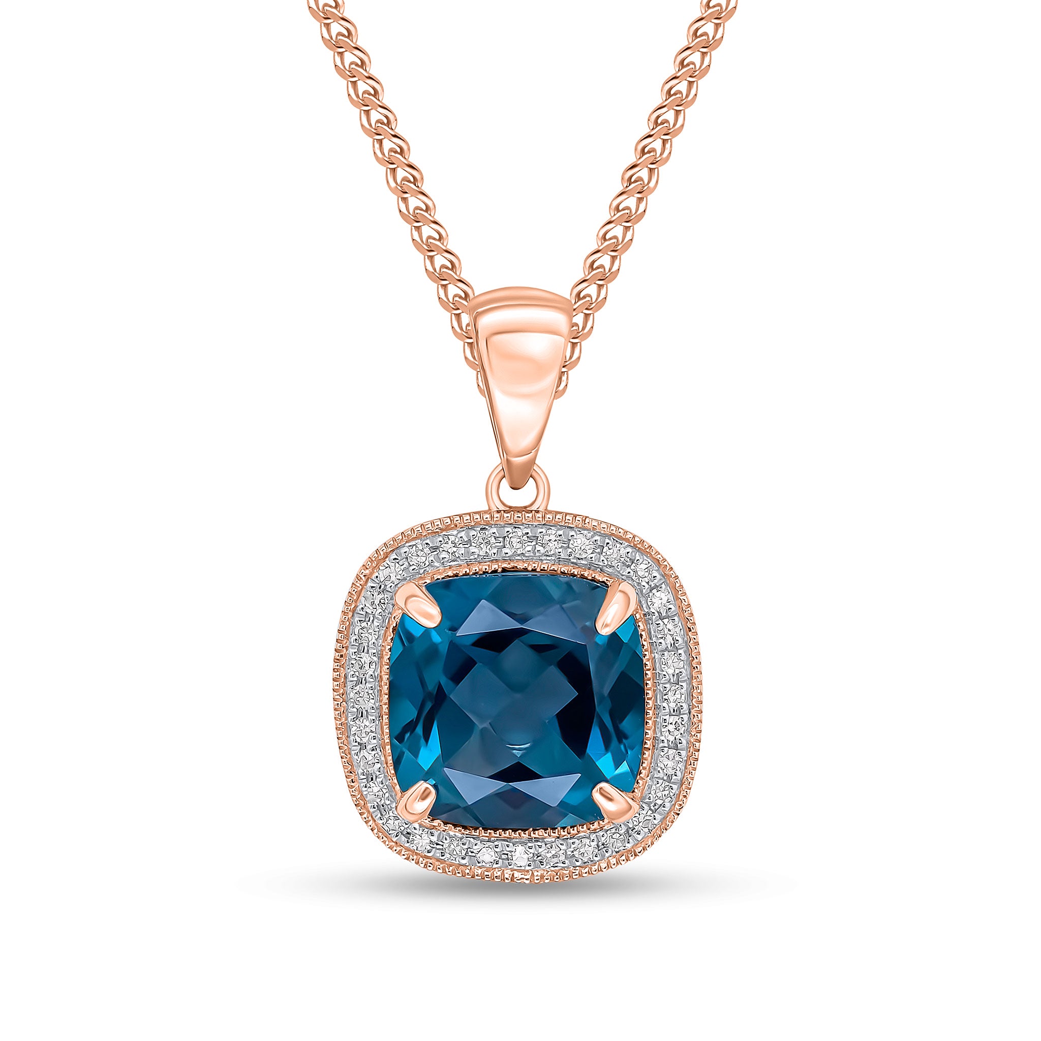 9ct Rose Gold 9mm Cushion London Blue Topaz & Diamond Cluster Pendant Milgrain Edge