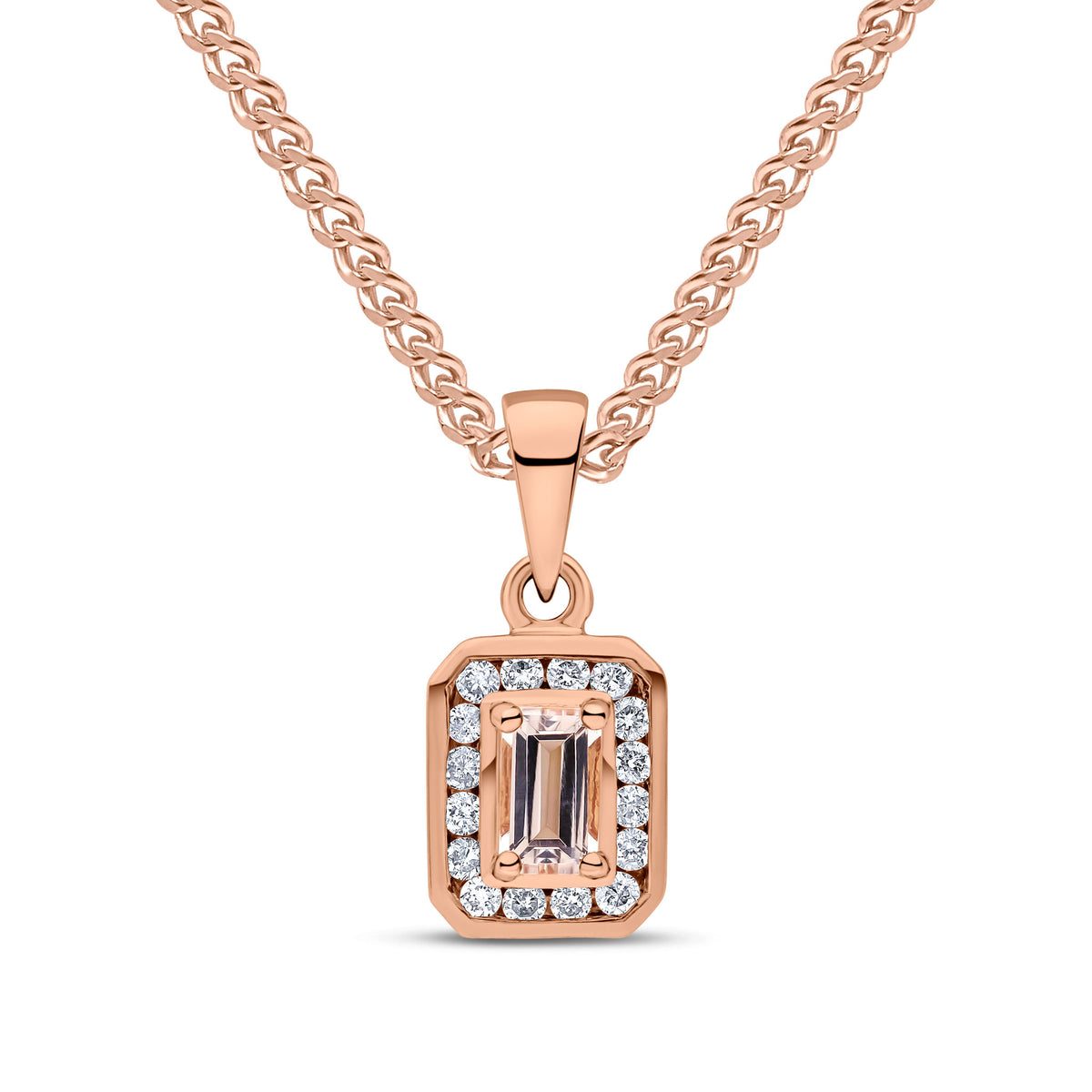 9ct Rose Gold 5x3 Octagon Morganite & Diamond Cluster Pendant