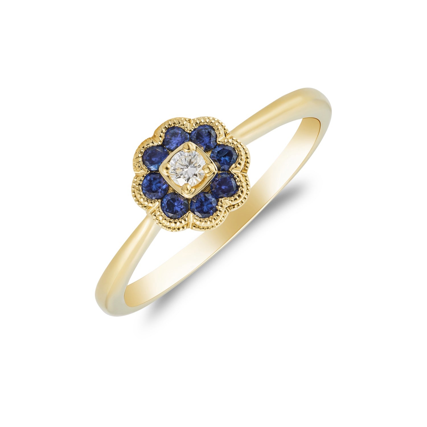 18ct Yellow Gold Round Sapphire and Diamond Reverse Cluster Ring with Milgrain Edge