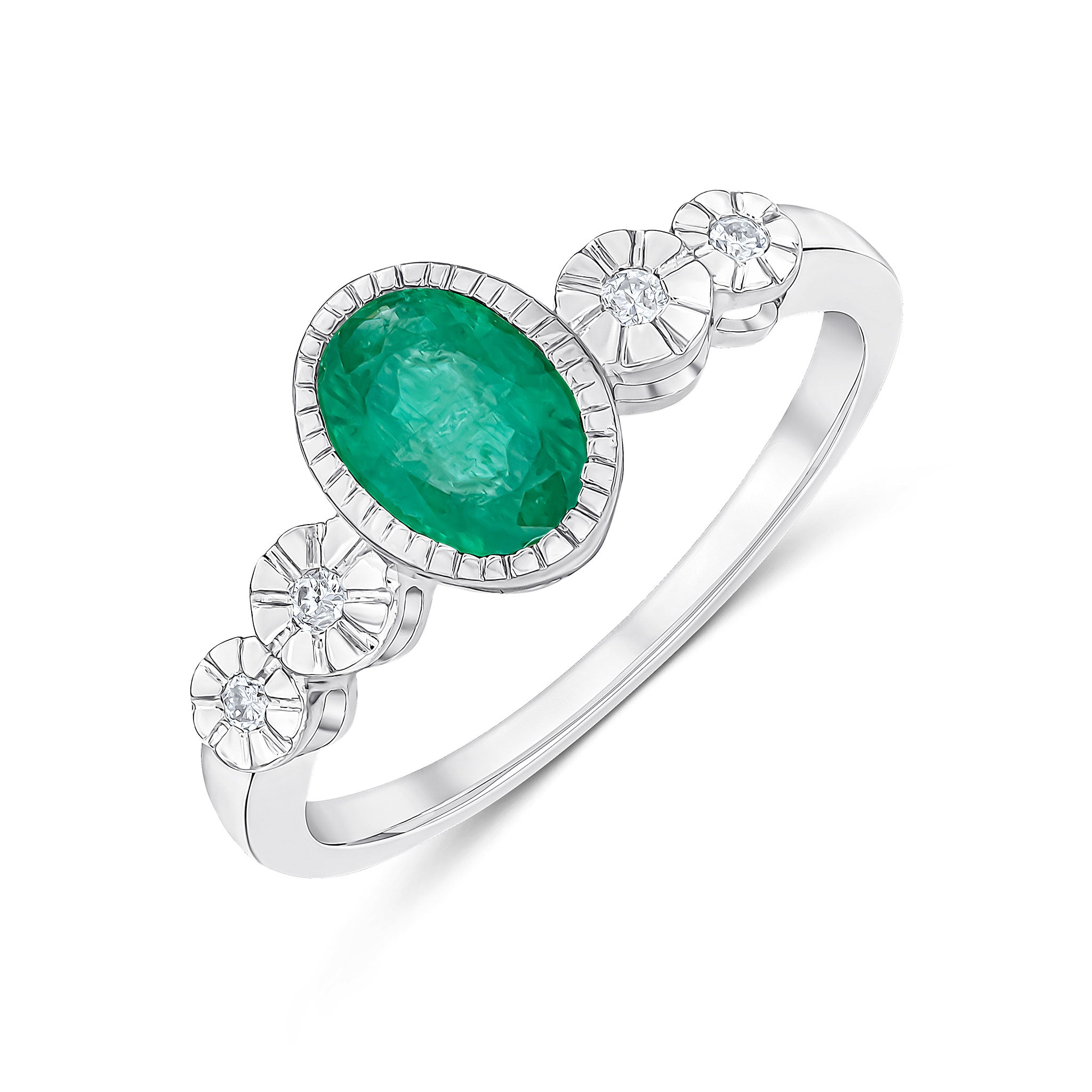 9ct White Gold Milgrain Oval Emerald and Illusion Diamond 4 Stone Shoulders Ring