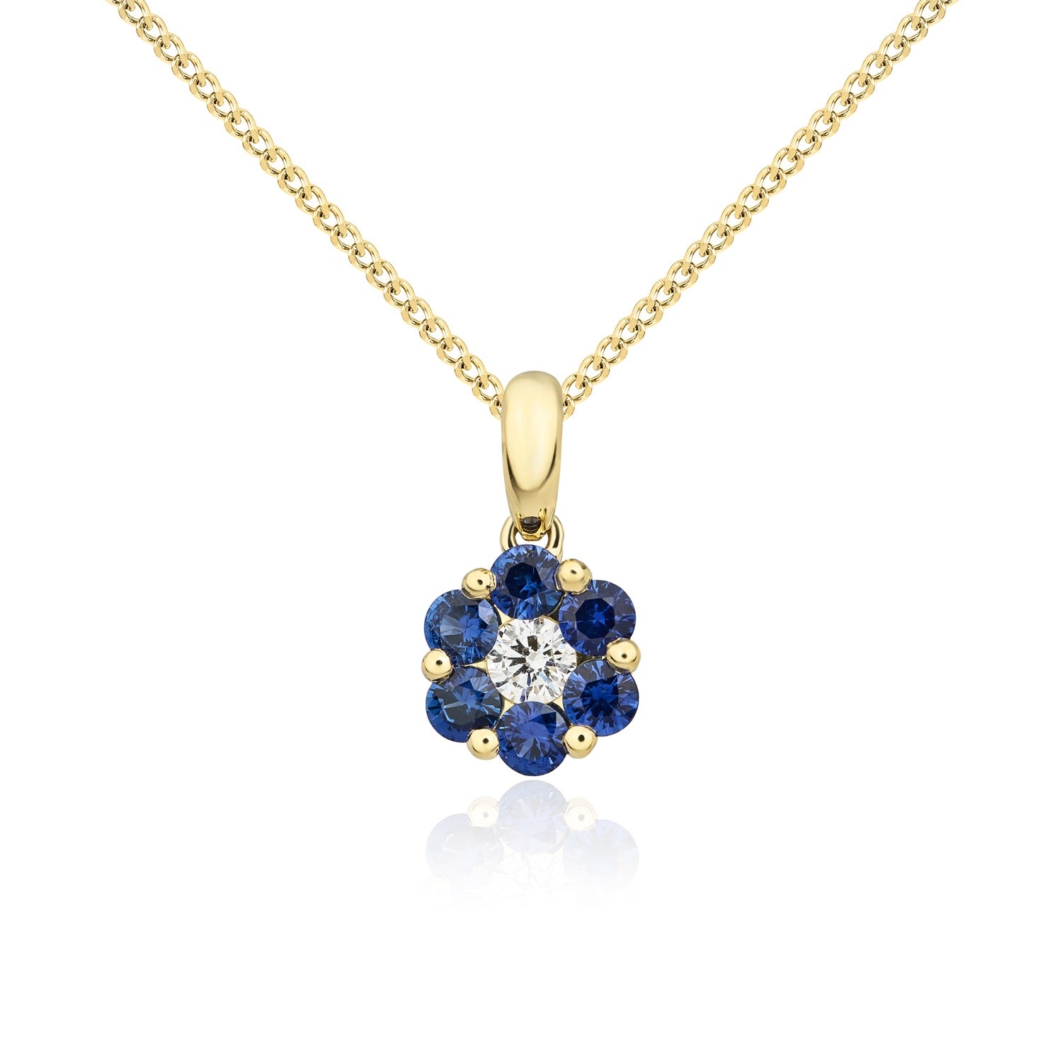 18ct Yellow Gold Round Sapphire and Diamond Claw Reverse Cluster Pendant