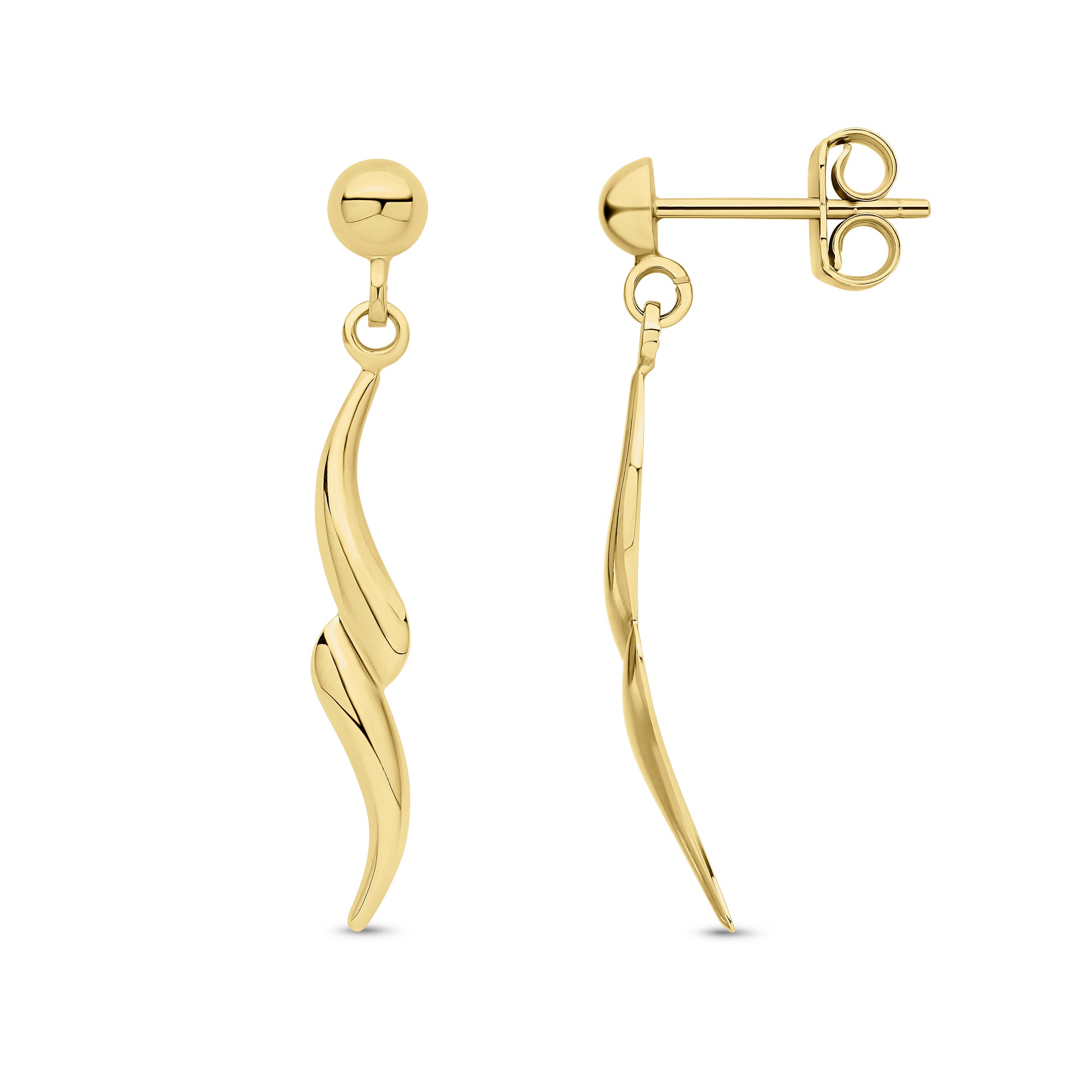9ct Yellow Gold Squiggle Drop Earrings with Half Bead Top