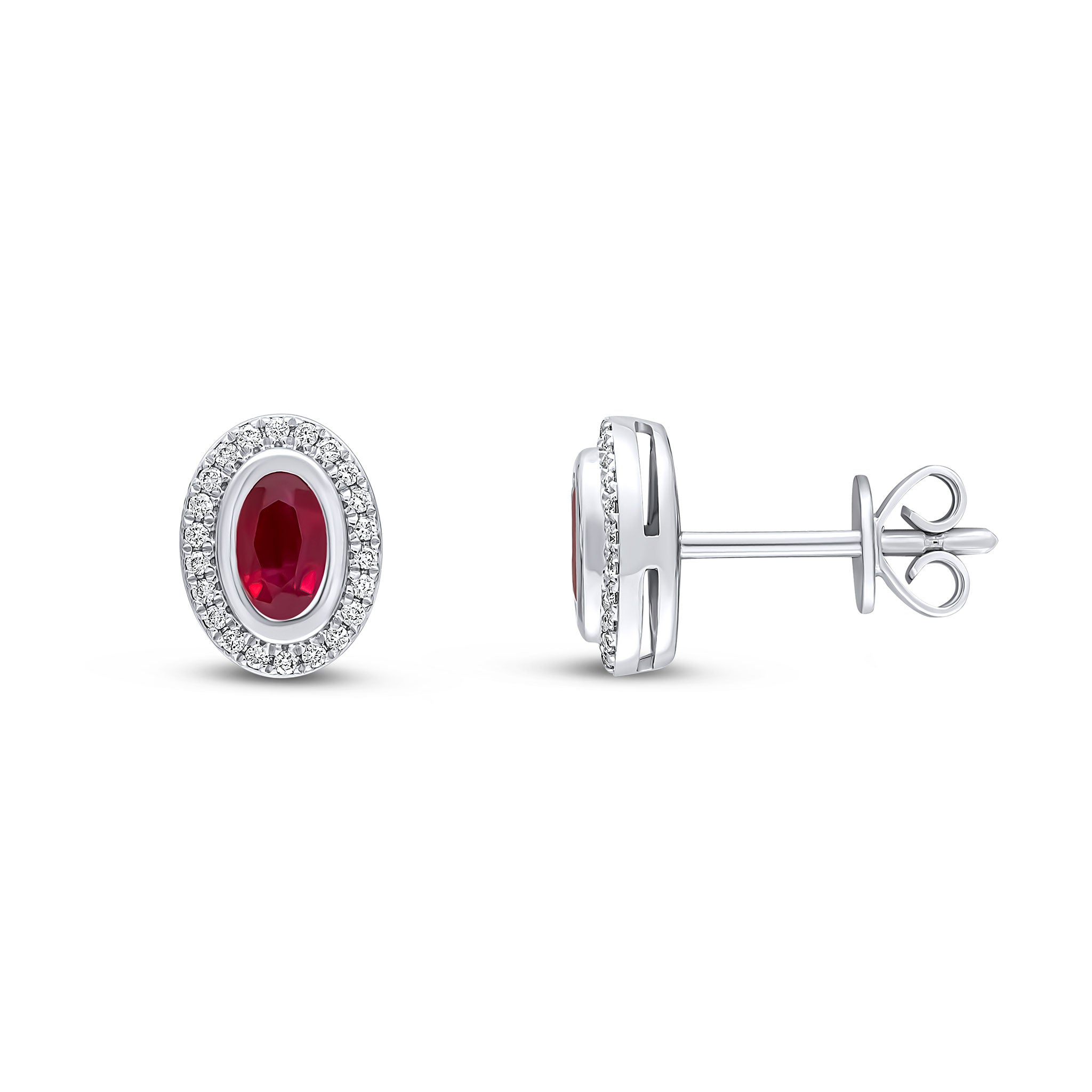 18ct White Gold Rubover Oval Ruby and Grain Set Round Diamond Cluster Earrings