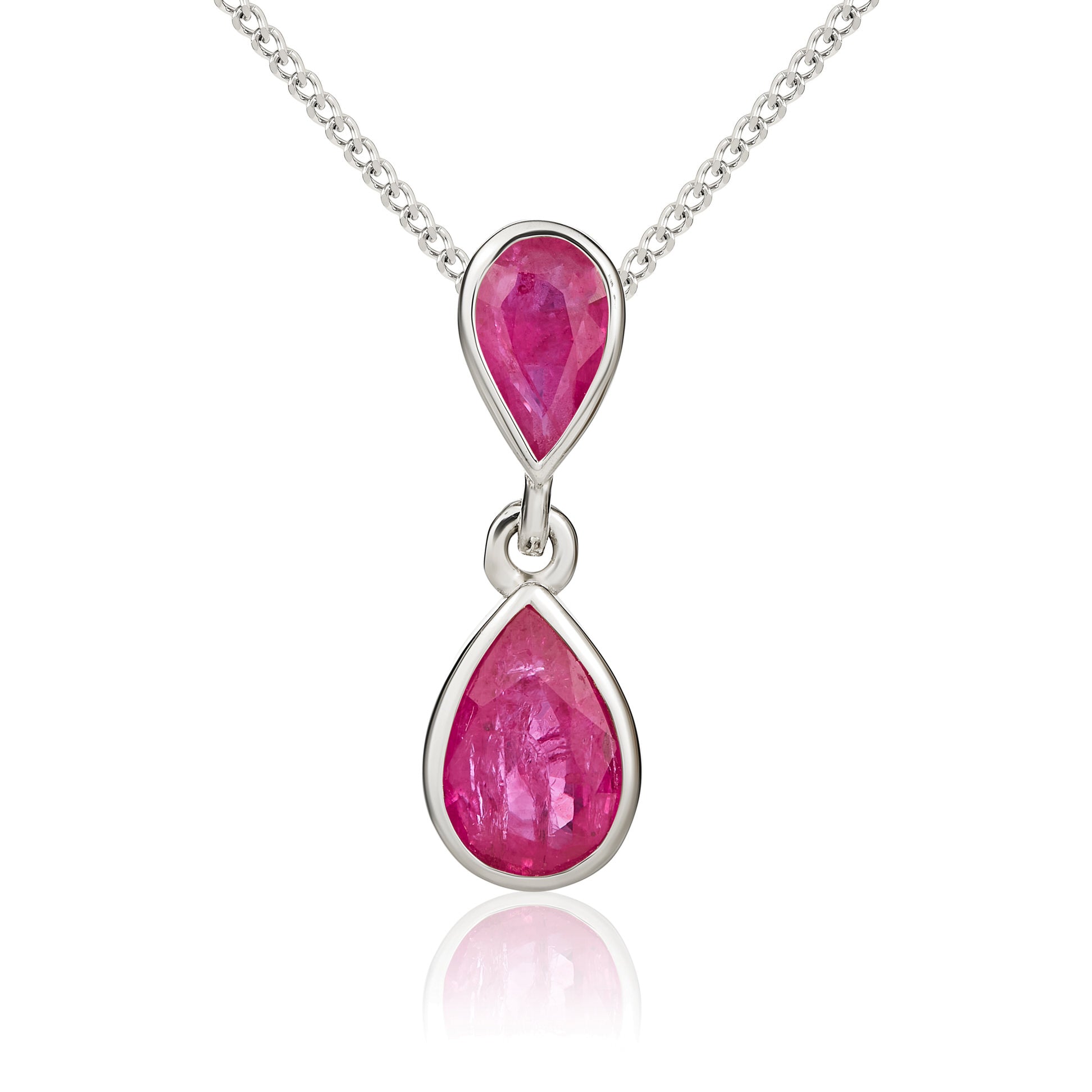 9ct White Gold Pear Shaped Ruby Rubover Double Drop Pendant