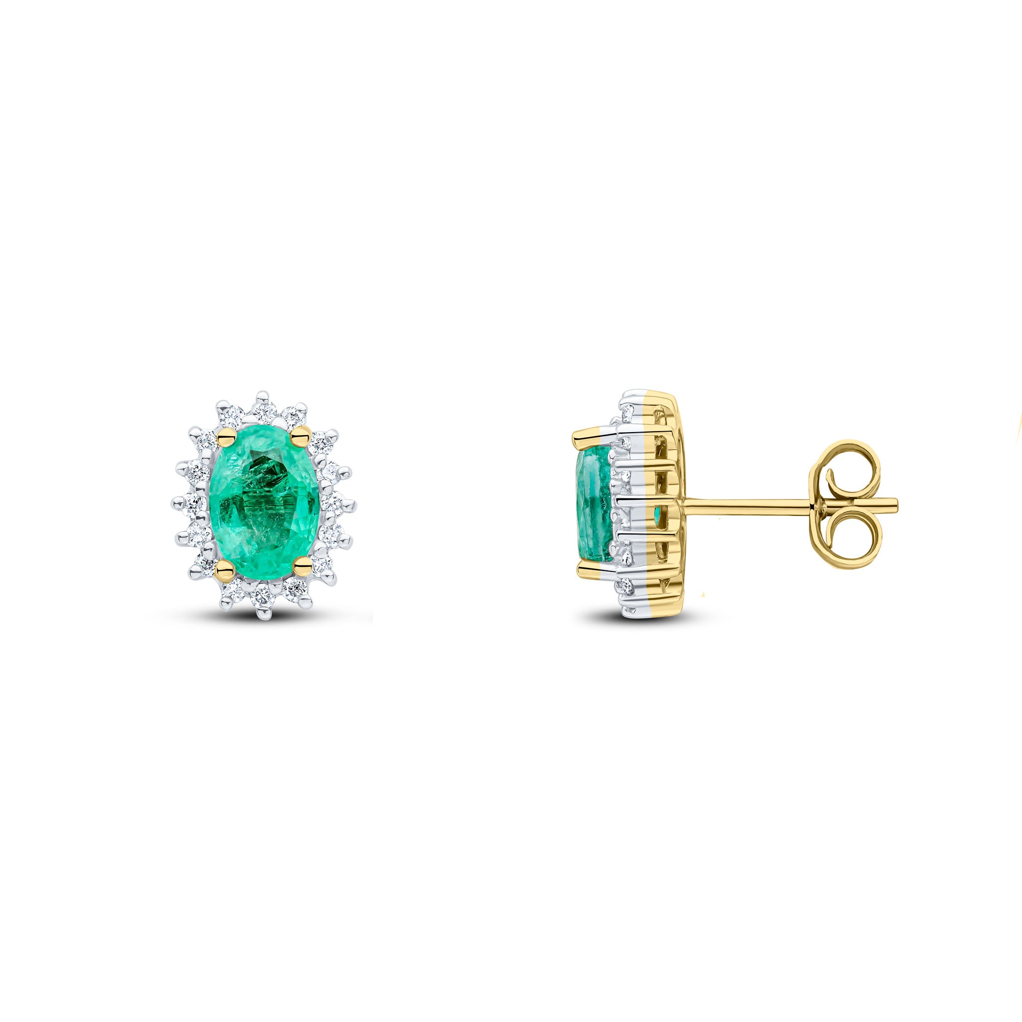 9ct Yellow Gold 7x5 Oval Emerald & Diamond Claw Set Cluster Earrings Rhodium to Diamonds