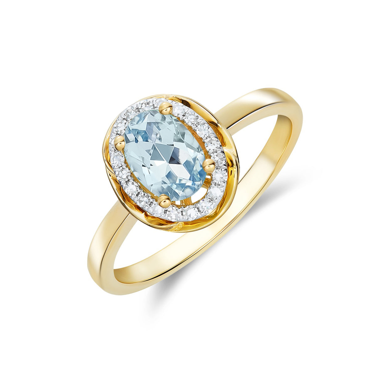 9ct Yellow Gold 7x5 Oval Aquamarine & Diamond Cluster Ring with Rope Edge