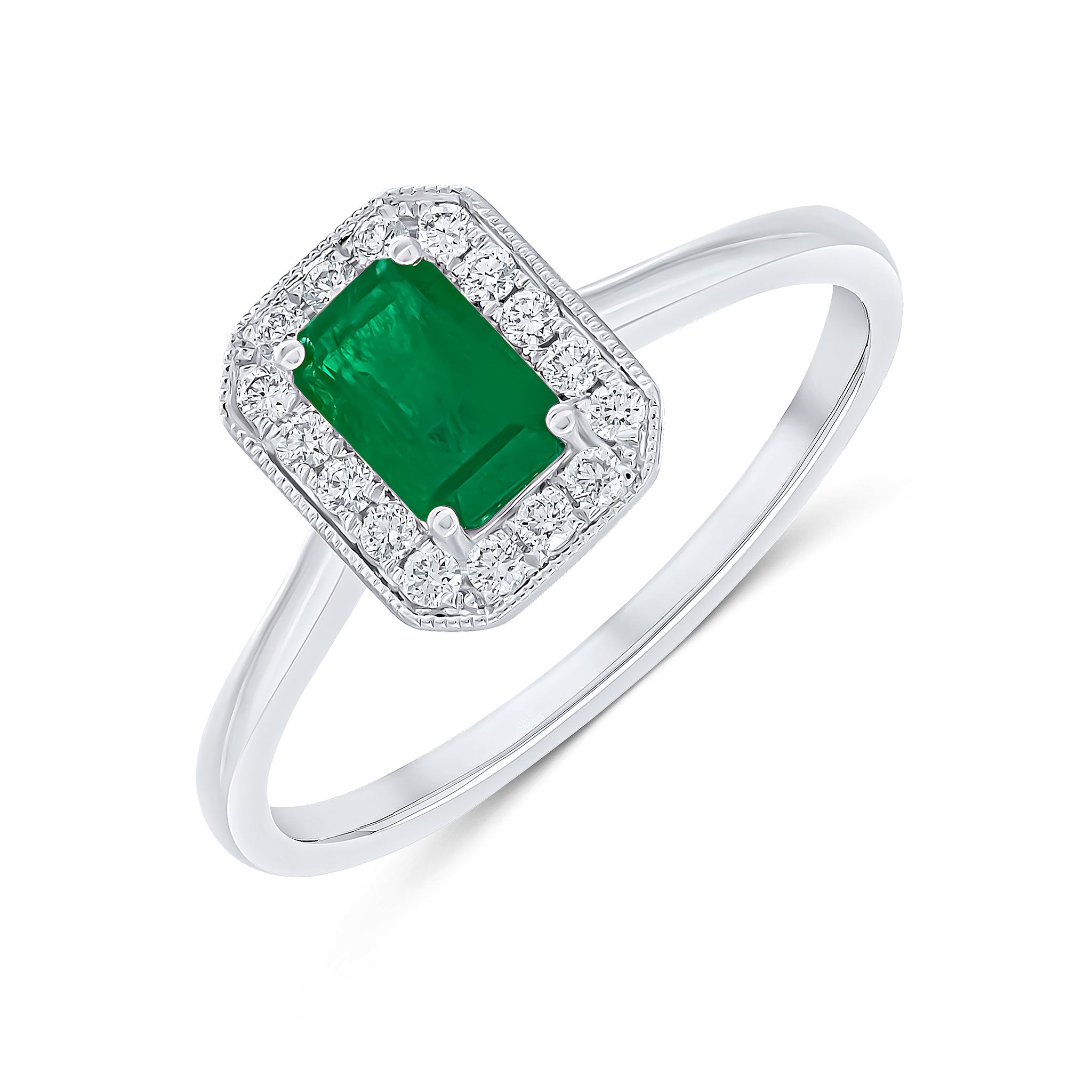18ct White Gold Claw Set 6x4 Octagon Emerald and Milgrain Diamond Cluster Ring