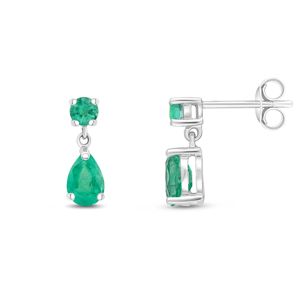 9ct White Gold Round and Pear Shape Emerald 2 Stone Claw Set Drop Earrings