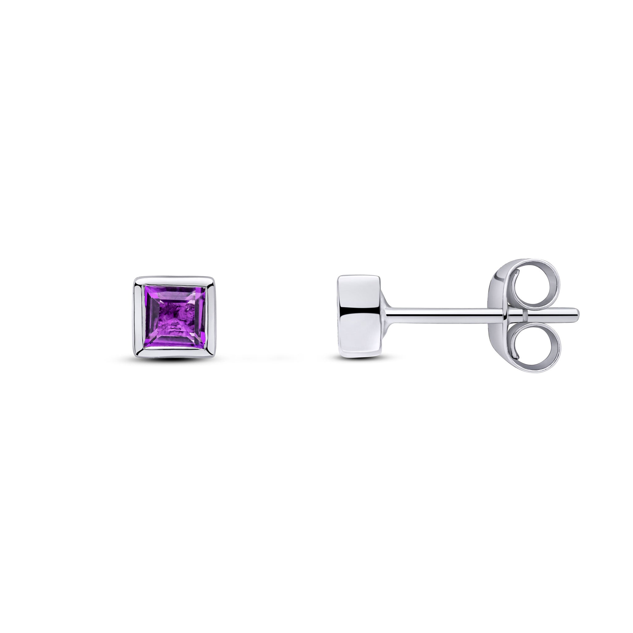 9ct White Gold 3mm Square Amethyst Rubover Set Earrings