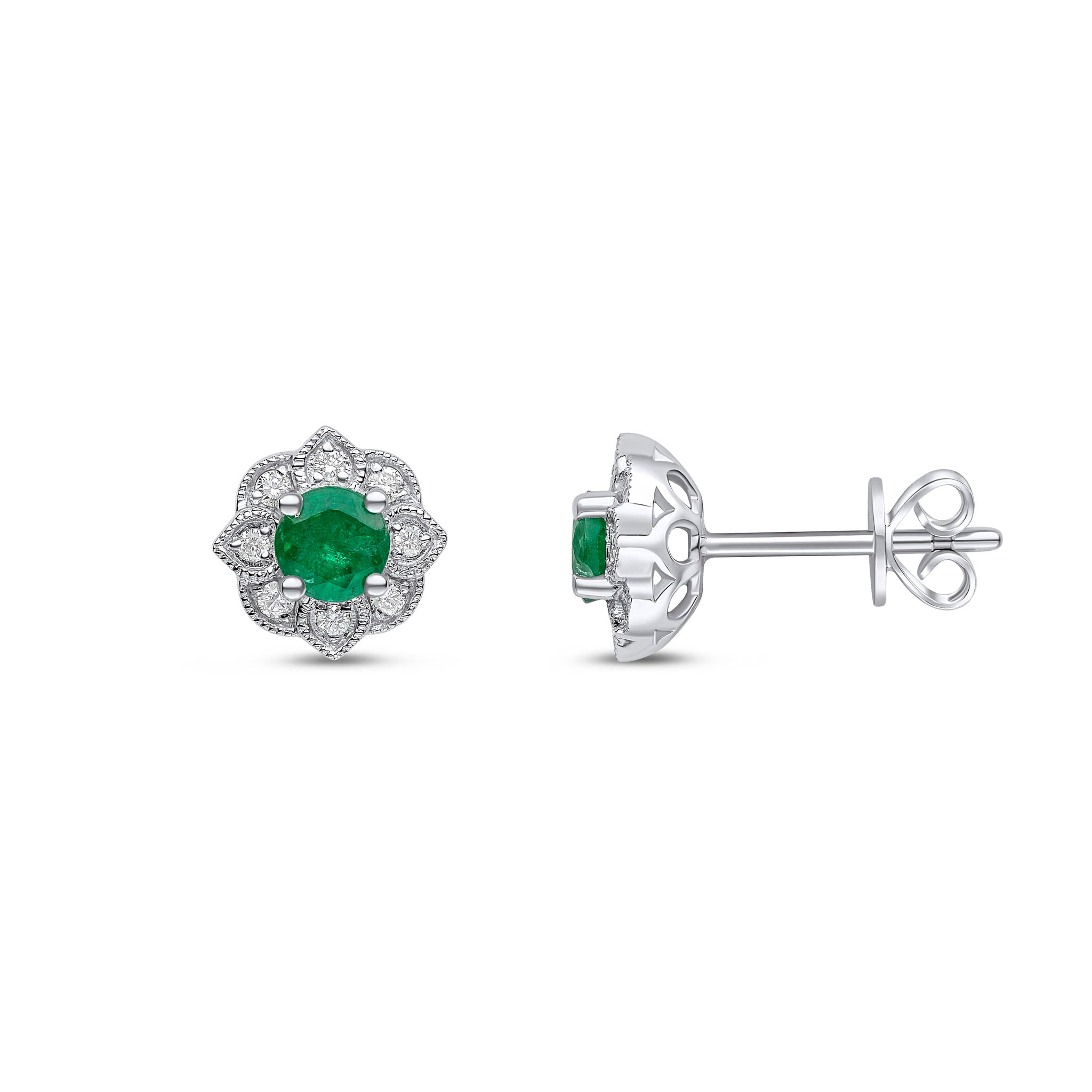 18ct White Gold Round Emerald and Diamond Milgrain Flower Cluster Earrings